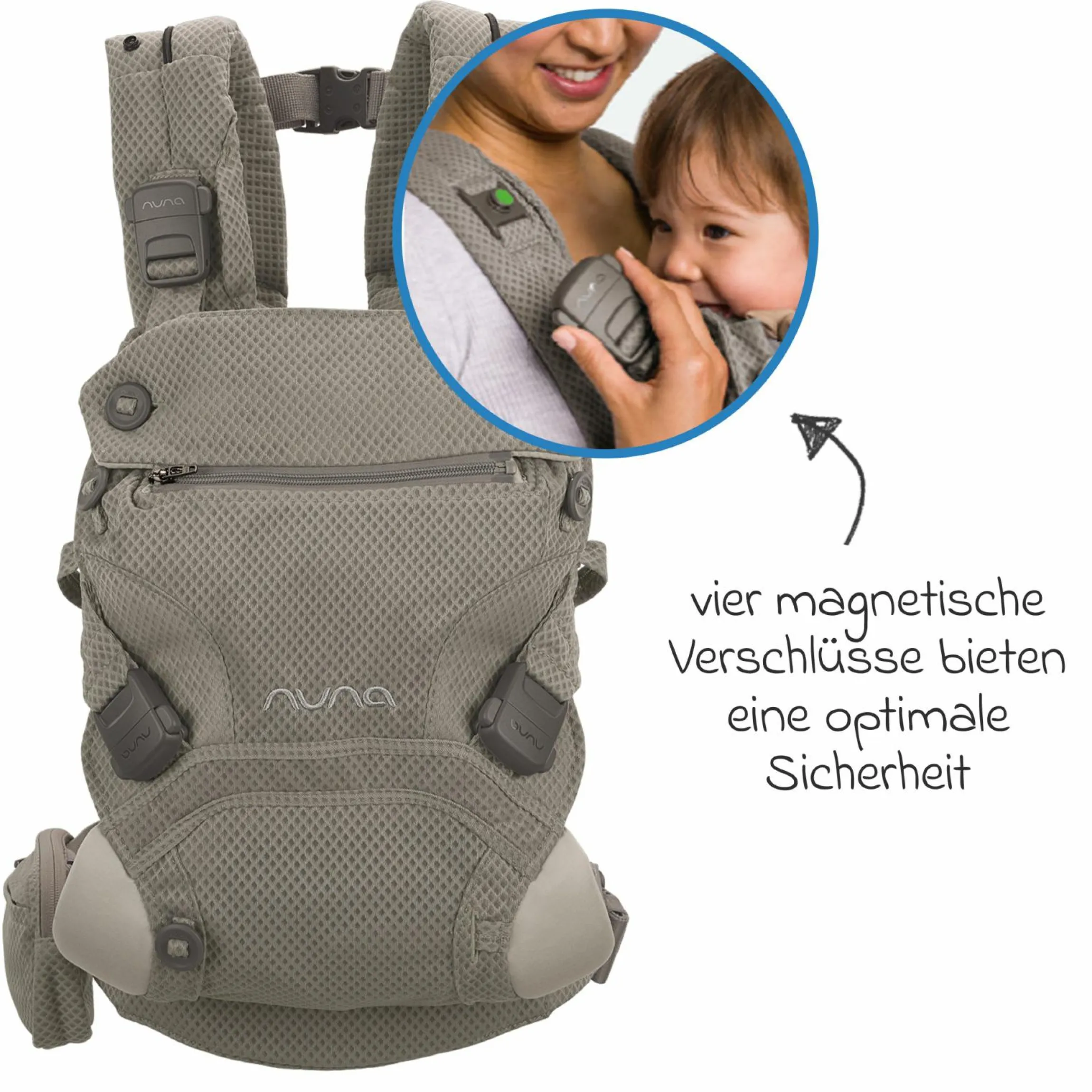 4in1 Babytrage CUDL Clik für Neugeborene ab 3,5 kg bis 16 kg einsetzbar mit 4 Tragepositionen, Klickverschluss inkl. Zubehör - Fog - Kollektion 2025