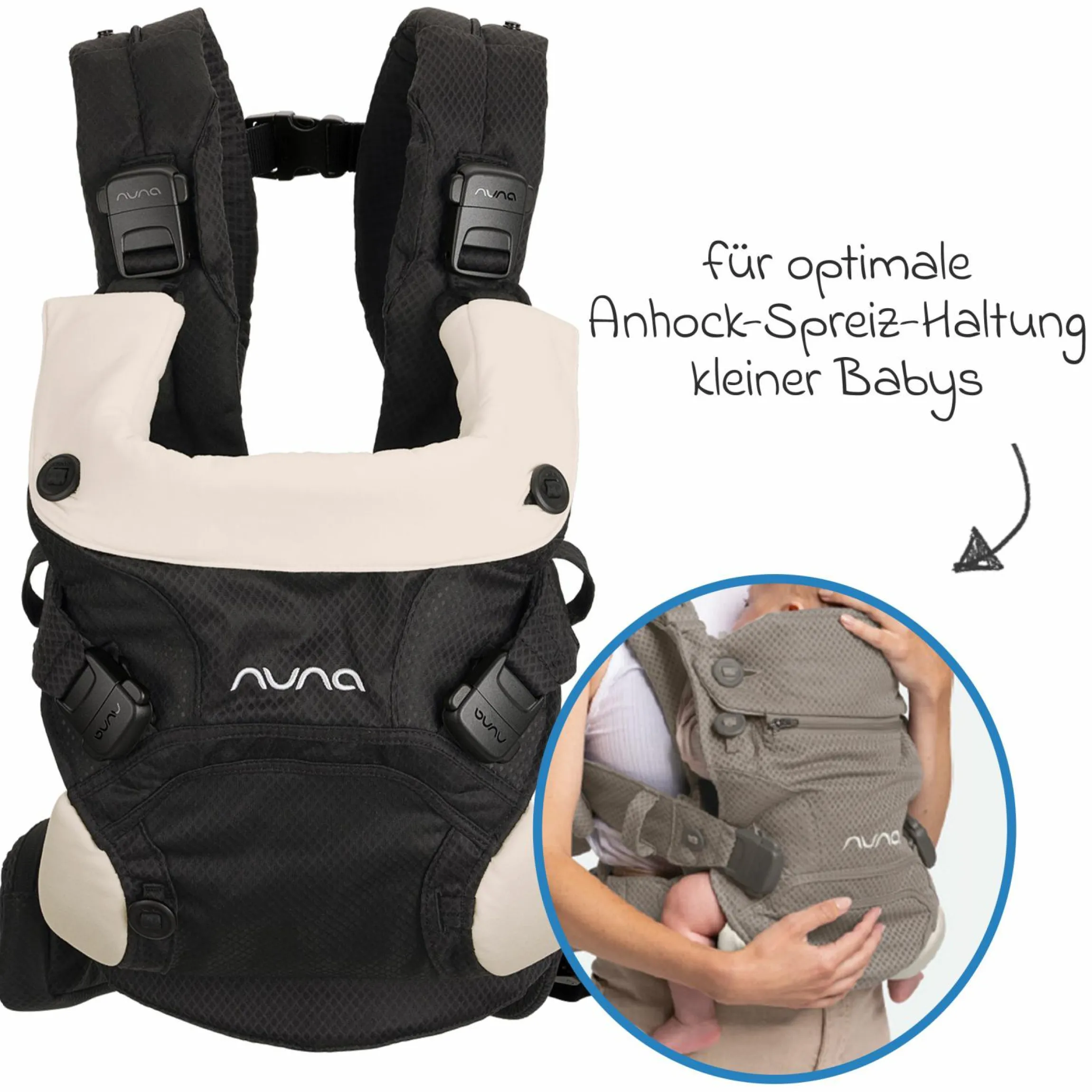 4in1 Babytrage CUDL Clik für Neugeborene ab 3,5 kg bis 16 kg einsetzbar mit 4 Tragepositionen, Klickverschluss inkl. Zubehör - Caviar - Kollektion 2025