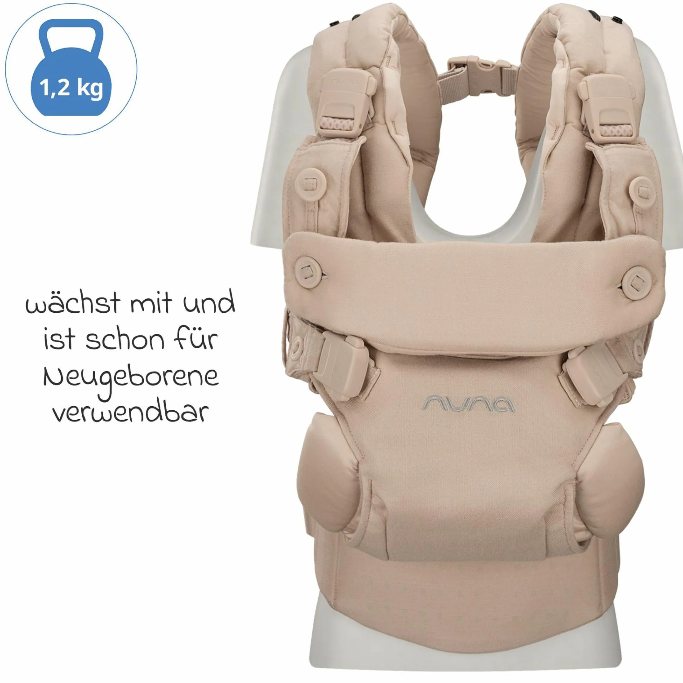 4in1 Babytrage CUDL Luxe für Neugeborene ab 3,5 kg bis 16 kg einsetzbar mit 4 Tragepositionen, Klickverschluss inkl. Zubehör - Pearl - Kollektion 2025