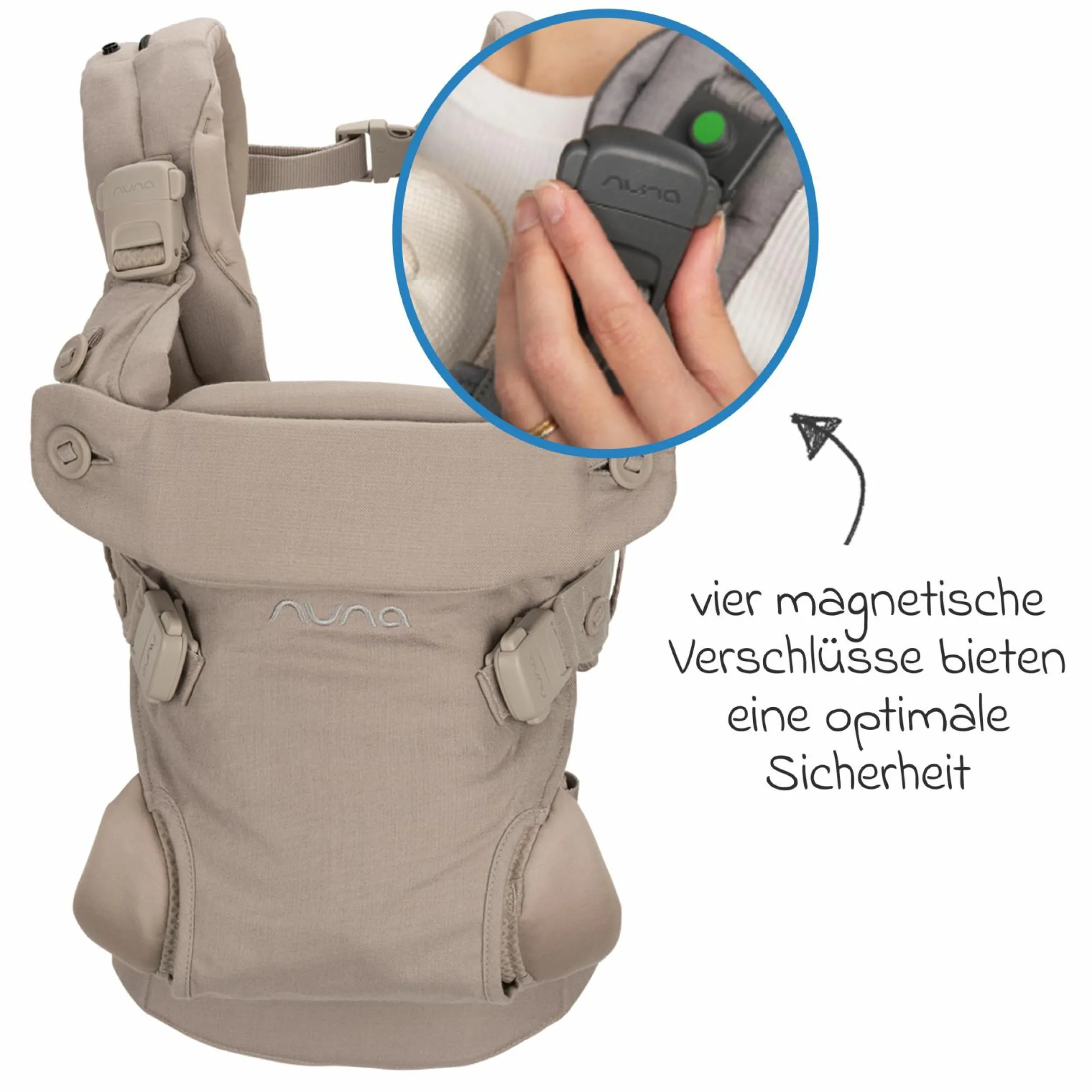 4in1 Babytrage CUDL Luxe für Neugeborene ab 3,5 kg bis 16 kg einsetzbar mit 4 Tragepositionen, Klickverschluss inkl. Zubehör - Quartz - Kollektion 2025