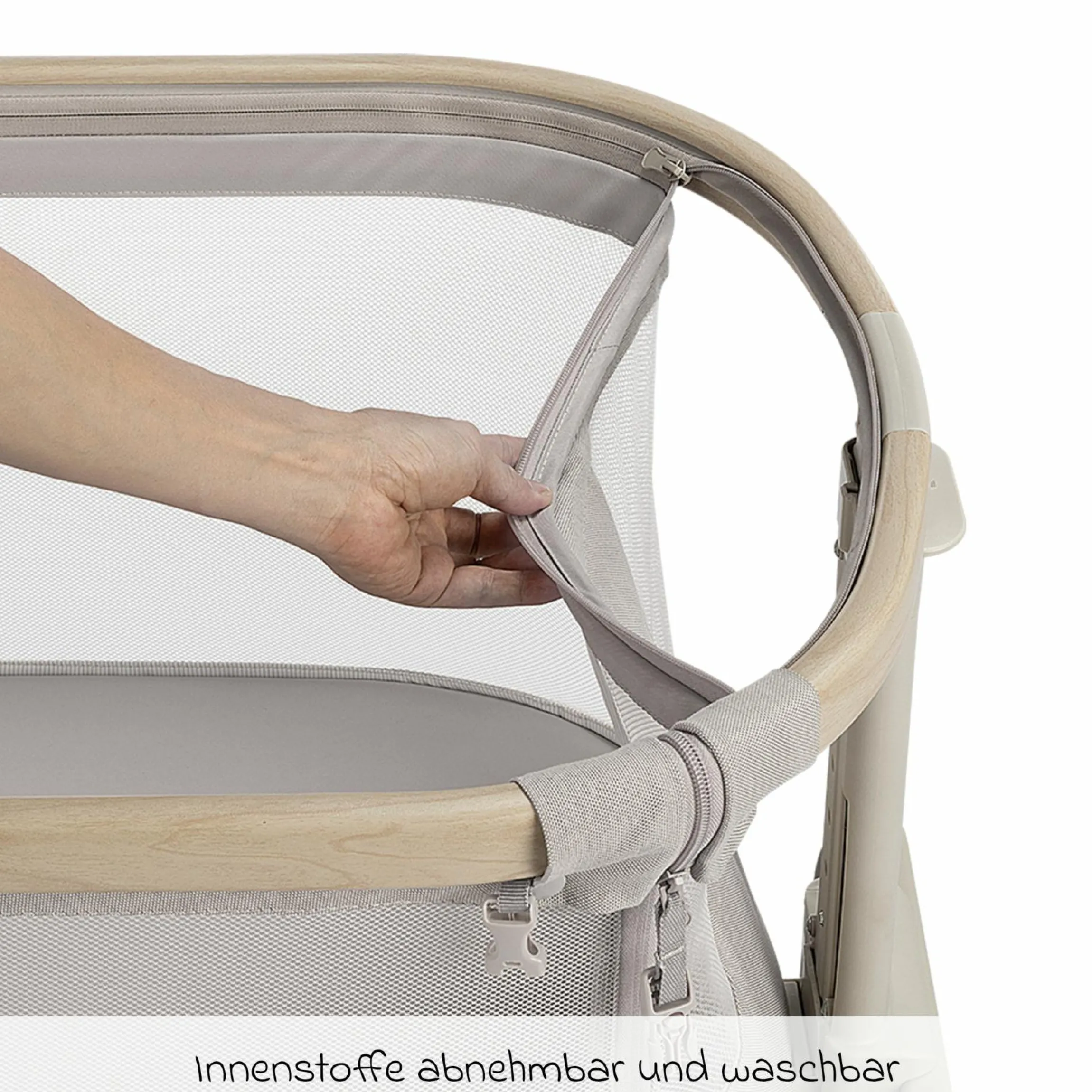 2-in-1 Beistellbett Iora Air mit Schaukelfunktion, atmungsaktive Stoffe, klappbar, inkl. Matratze & Reisetasche - Classic Beige Eco FR - Kollektion 2025