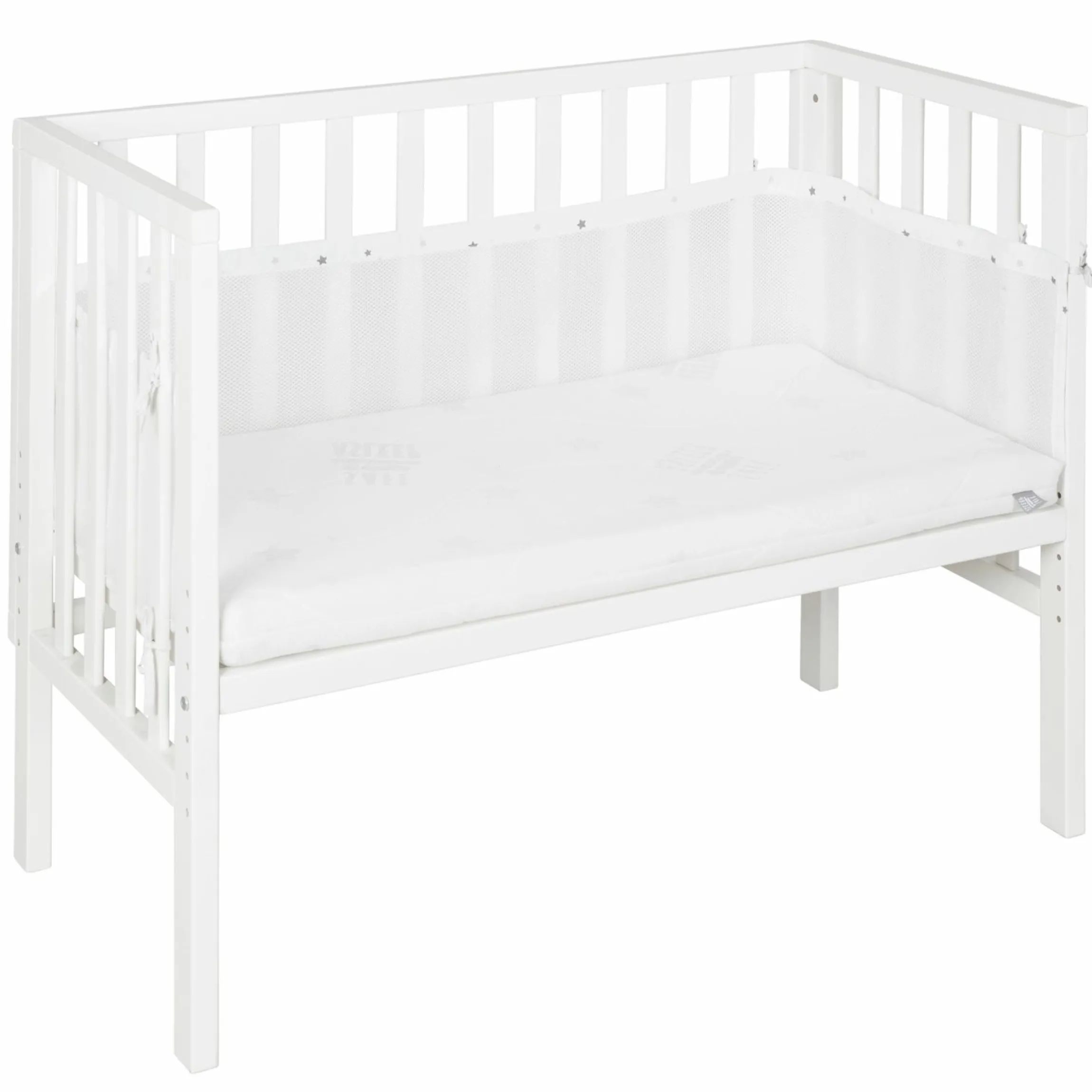 2in1 Beistellbett mit Canvas-Barriere, Nestchen + safe asleep Matratze mit 90 x 45 cm 47 x 99,5 cm - Sternenzauber - Grau - Kollektion 2024