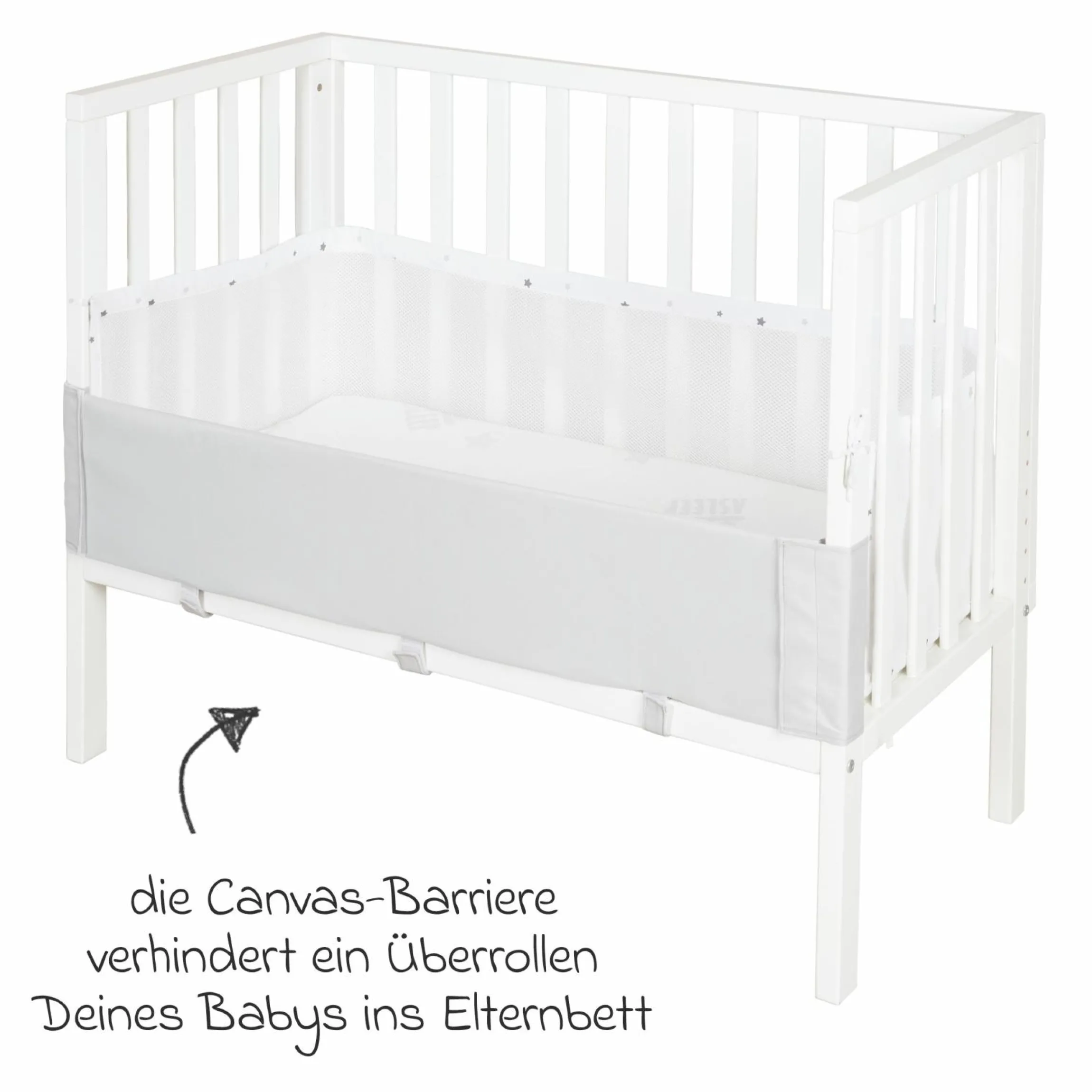 2in1 Beistellbett mit Canvas-Barriere, Nestchen + safe asleep Matratze mit 90 x 45 cm 47 x 99,5 cm - Sternenzauber - Grau - Kollektion 2024