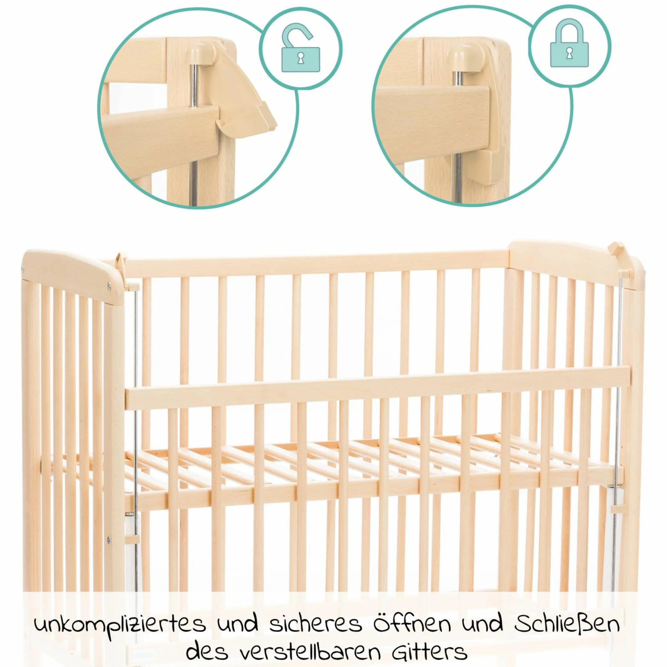 2in1 Beistellbett, Stubenbett Nino (auch für Boxspringbetten geeignet) - Natur