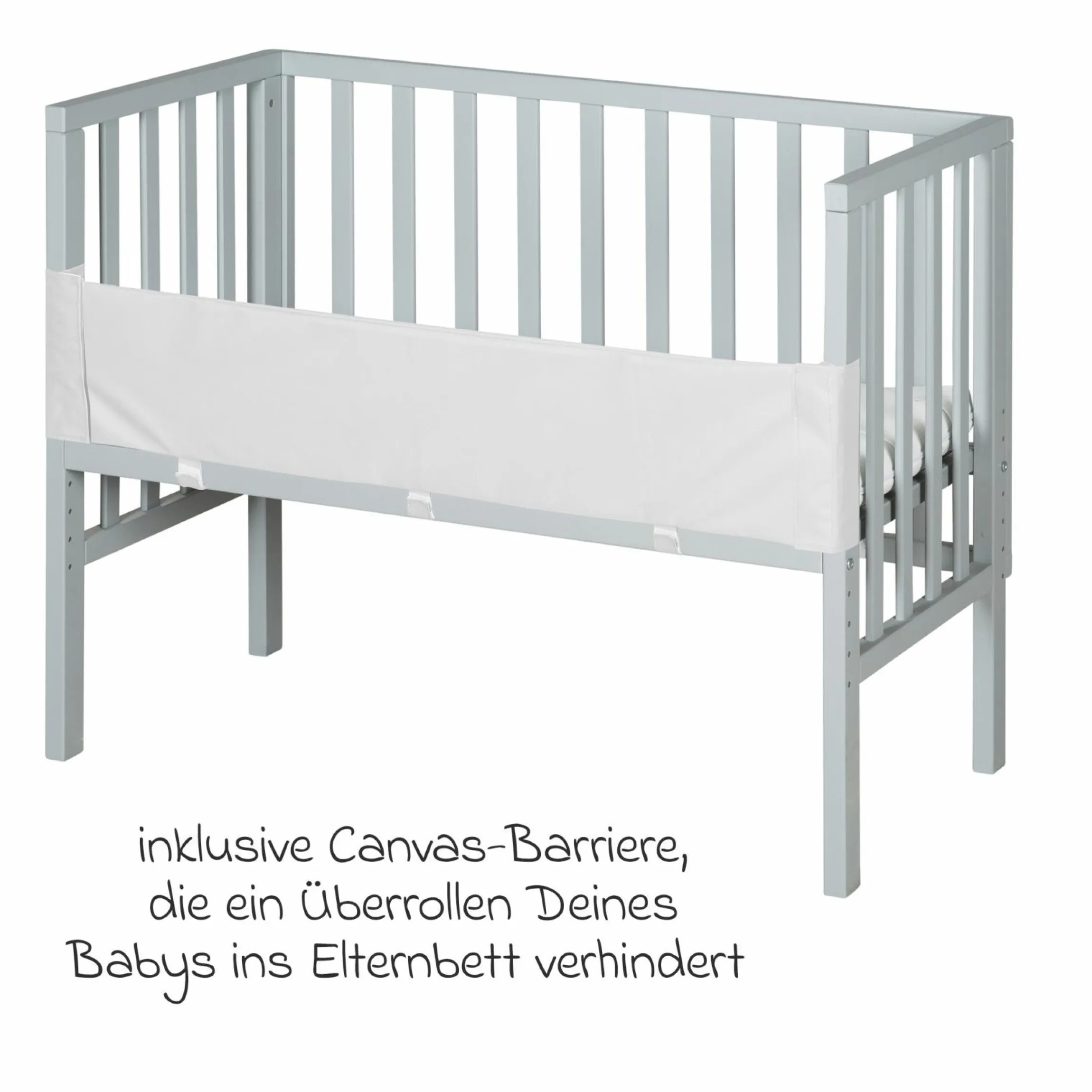 2in1 Beistellbett und Bank mit Canvas-Barriere + Matratze mit 90 x 45 cm - 47 x 99,5 cm - Taupe