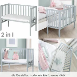 2in1 Beistellbett und Bank mit Canvas-Barriere + Matratze mit 90 x 45 cm - 47 x 99,5 cm - Taupe