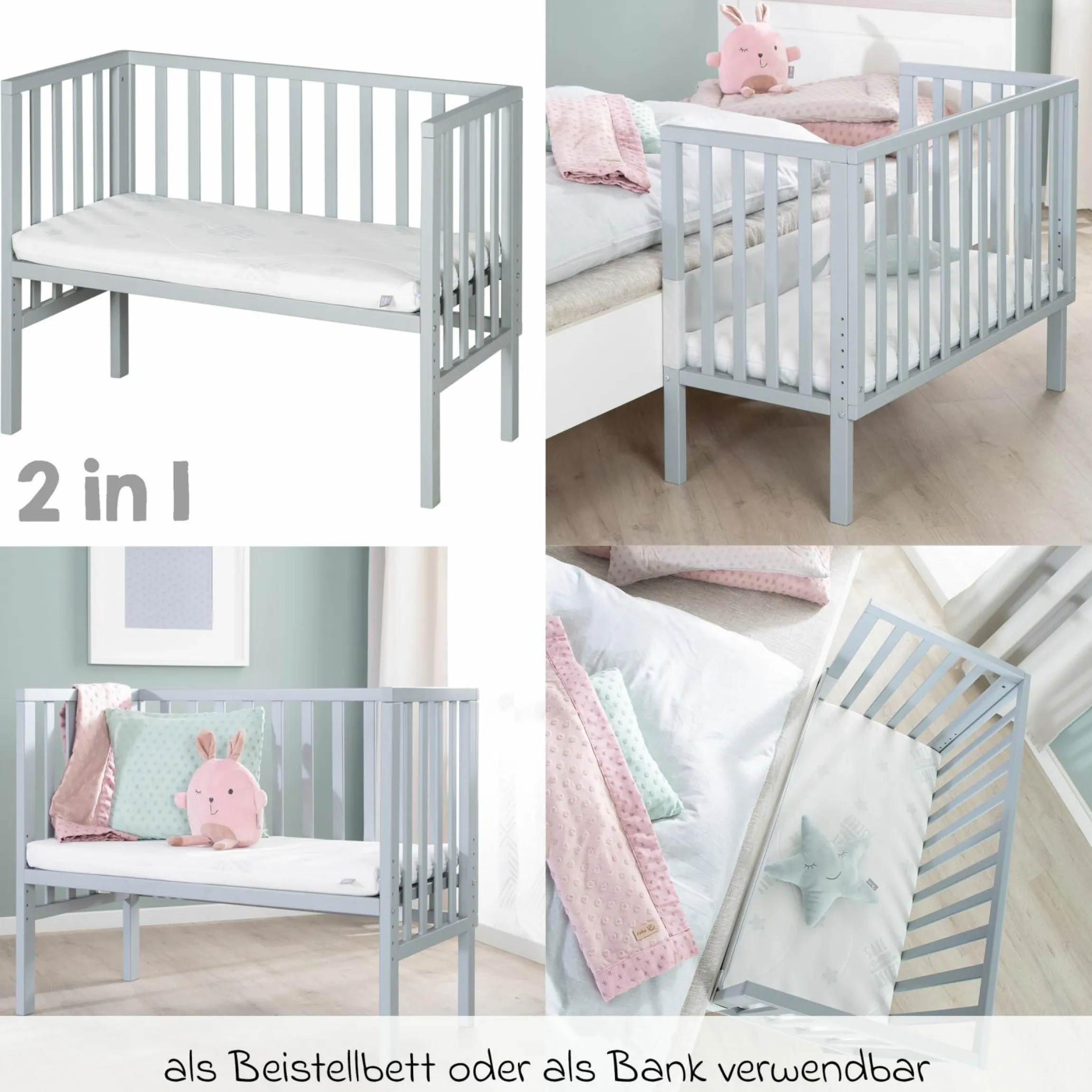 2in1 Beistellbett und Bank mit Canvas-Barriere + Matratze mit 90 x 45 cm - 47 x 99,5 cm - Taupe