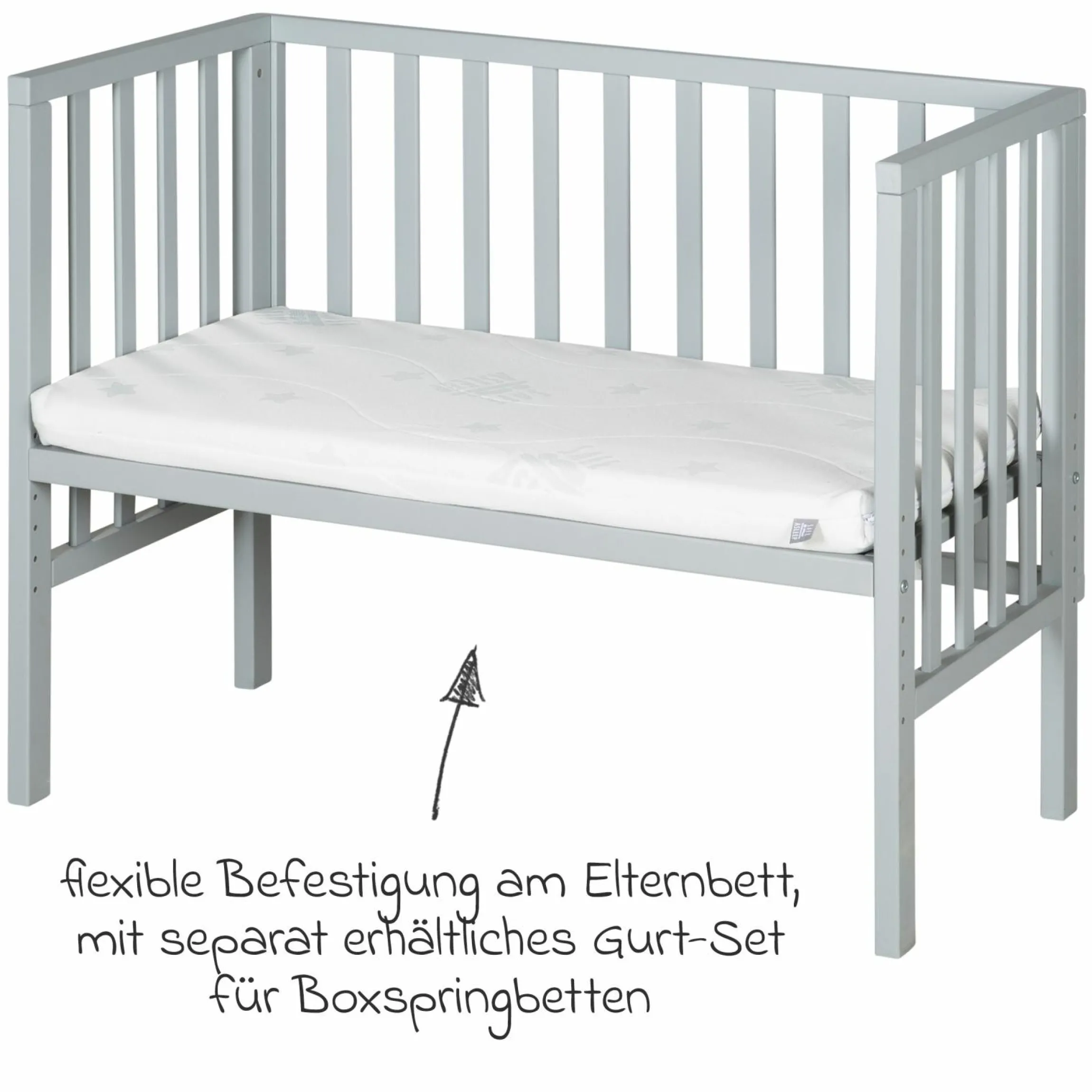 2in1 Beistellbett und Bank mit Canvas-Barriere + Matratze mit 90 x 45 cm - 47 x 99,5 cm - Taupe