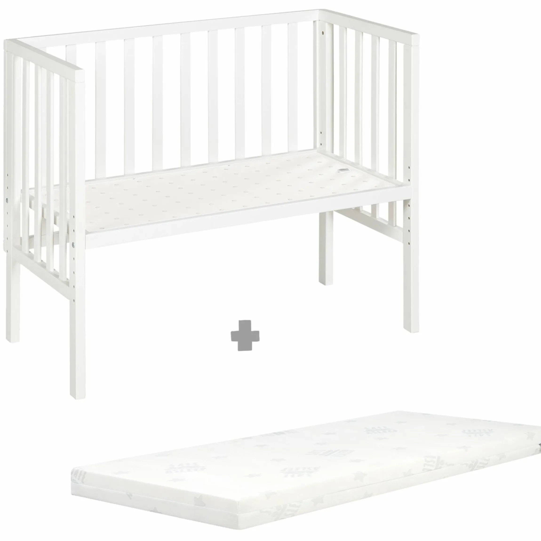 2in1 Beistellbett und Bank mit Canvas-Barriere + Matratze mit 90 x 45 cm - 47 x 99,5 cm - Weiß