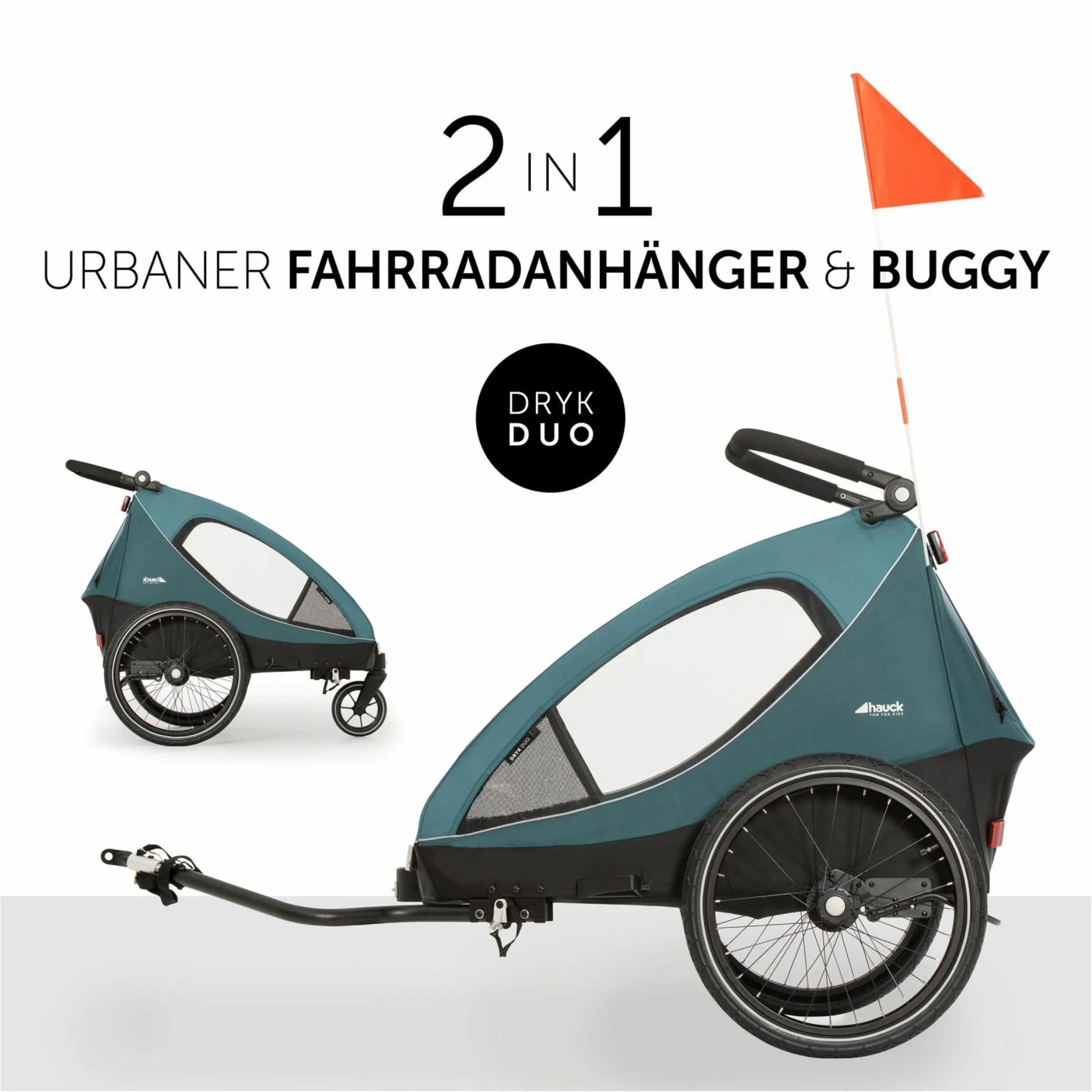 2in1 Fahrradanhänger Dryk Duo für 2 Kinder (bis 44 kg) - Bike Trailer & City Buggy - Ocean Green