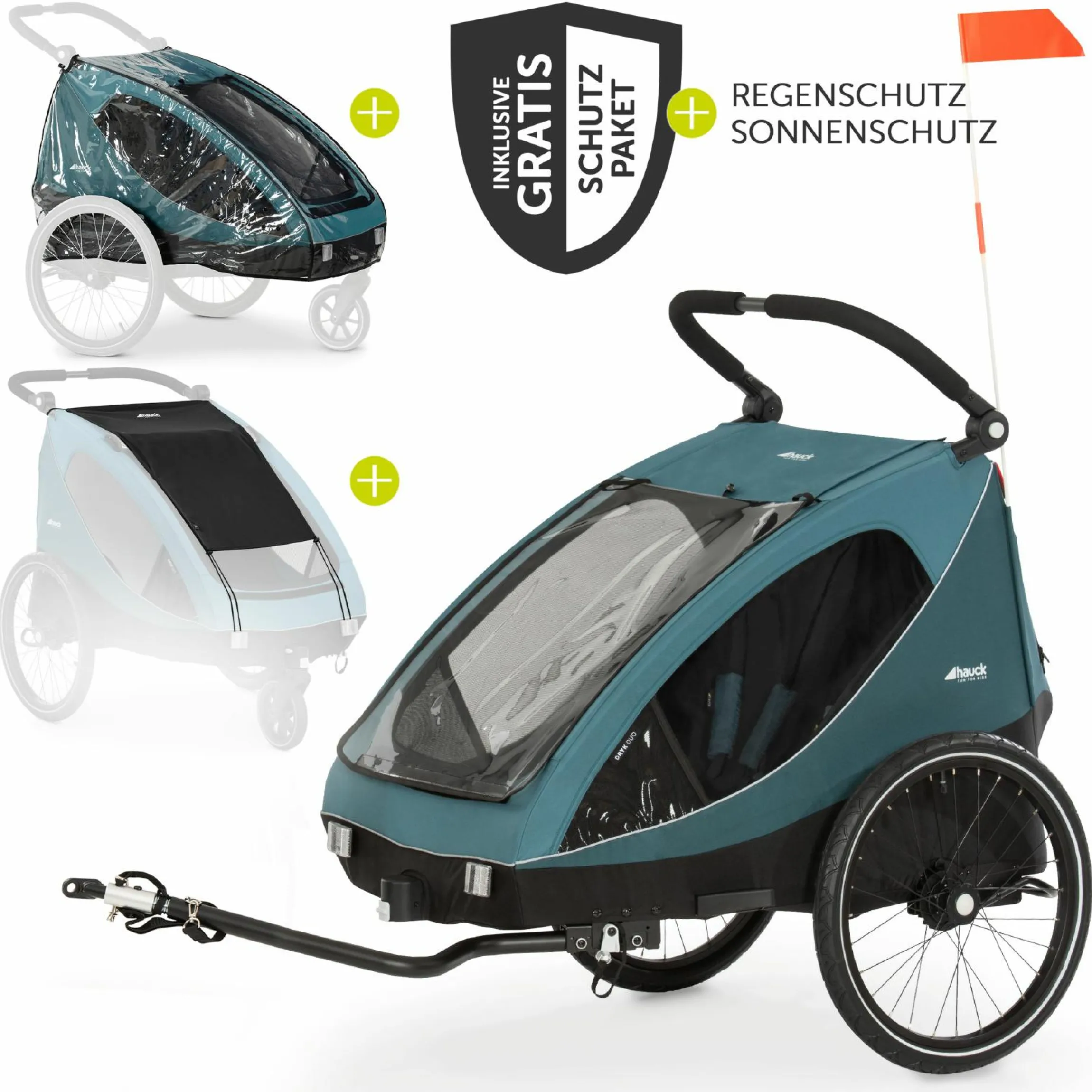 2in1 Fahrradanhänger Dryk Duo für 2 Kinder (bis 44 kg) - Bike Trailer & City Buggy - inkl. GRATIS Schutzpaket - Ocean Green