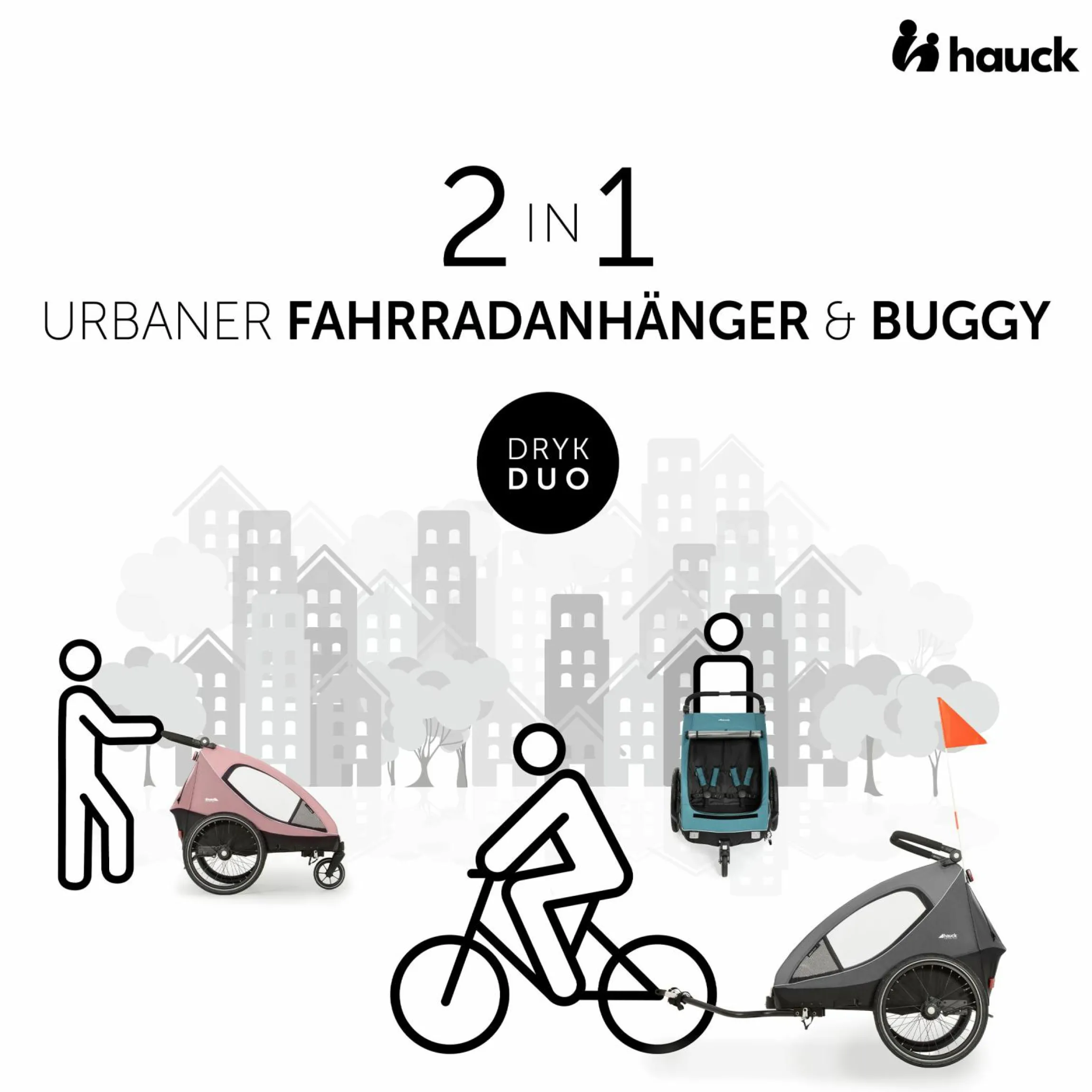 2in1 Fahrradanhänger Dryk Duo für 2 Kinder (bis 44 kg) - Bike Trailer & City Buggy - inkl. GRATIS Schutzpaket - Ocean Green