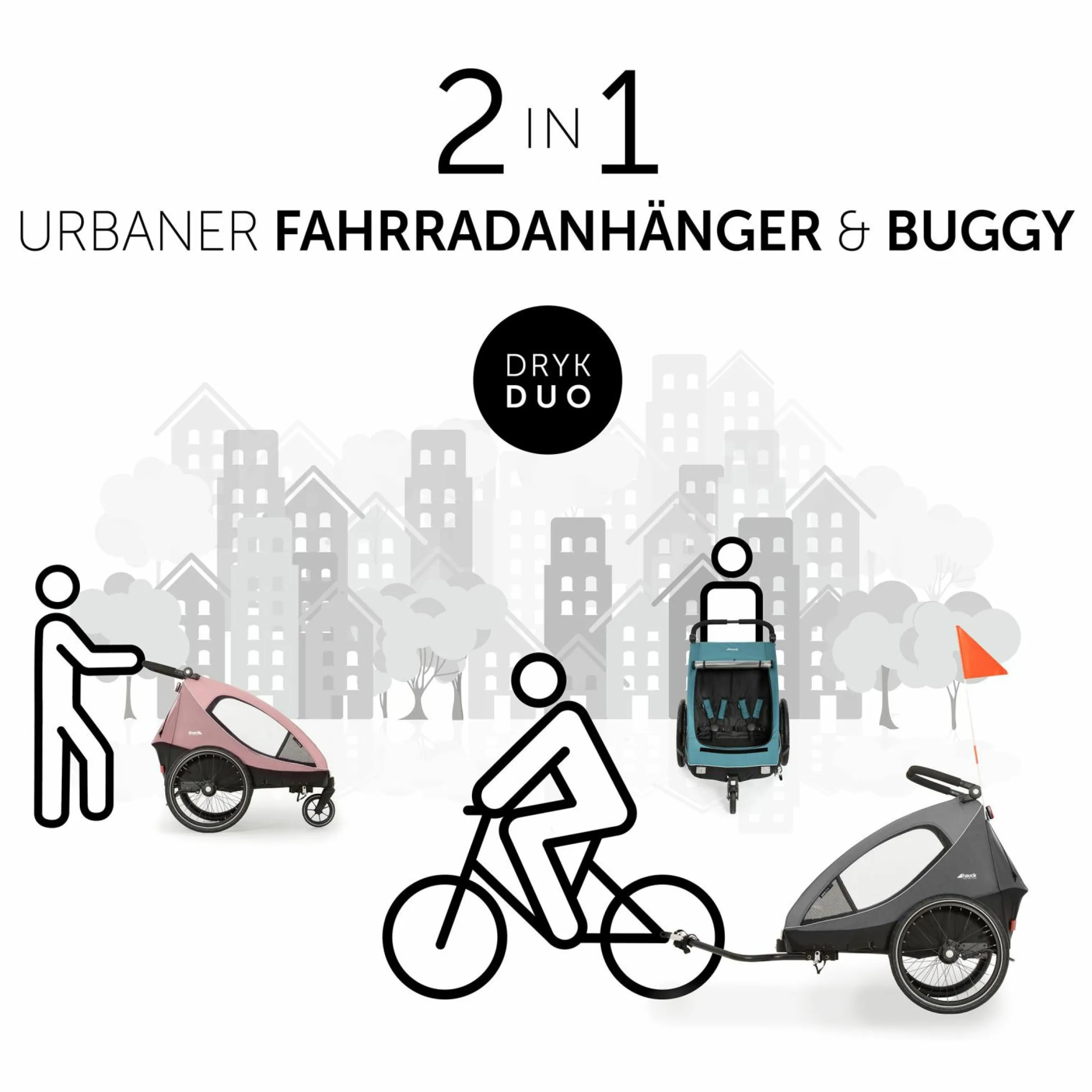 2in1 Fahrradanhänger Dryk Duo für 2 Kinder (bis 44 kg) - Bike Trailer & City Buggy - Melange Grey