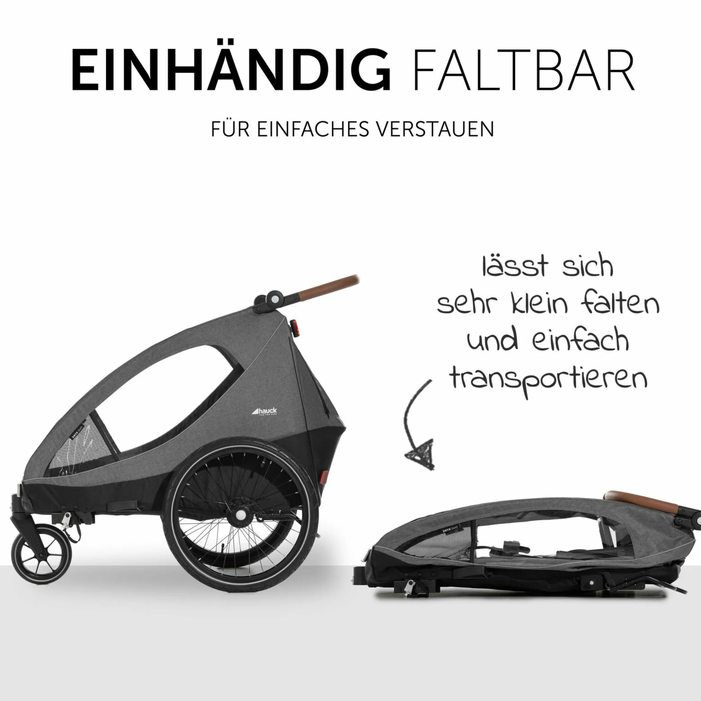 2in1 Fahrradanhänger Dryk Duo für 2 Kinder (bis 44 kg) - Bike Trailer & City Buggy - Melange Grey