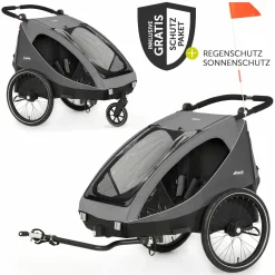 2in1 Fahrradanhänger Dryk Duo für 2 Kinder (bis 44 kg) - Bike Trailer & City Buggy - inkl. GRATIS Schutzpaket - Grey