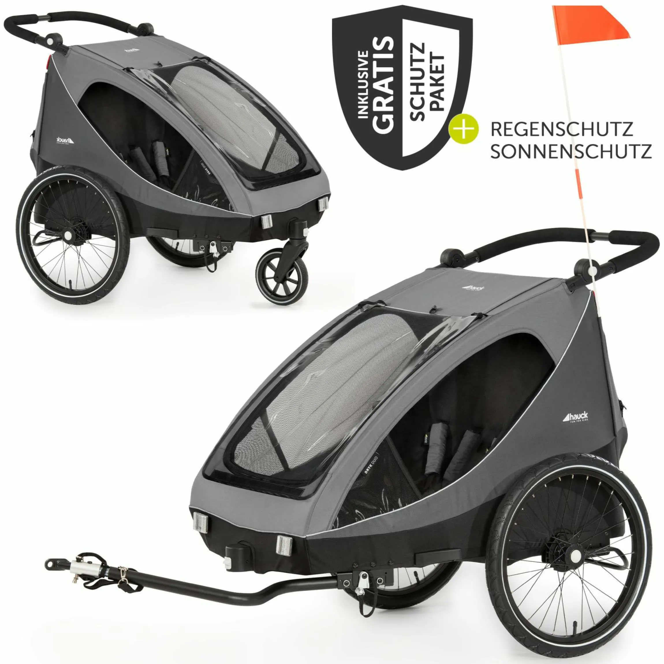 2in1 Fahrradanhänger Dryk Duo für 2 Kinder (bis 44 kg) - Bike Trailer & City Buggy - inkl. GRATIS Schutzpaket - Grey