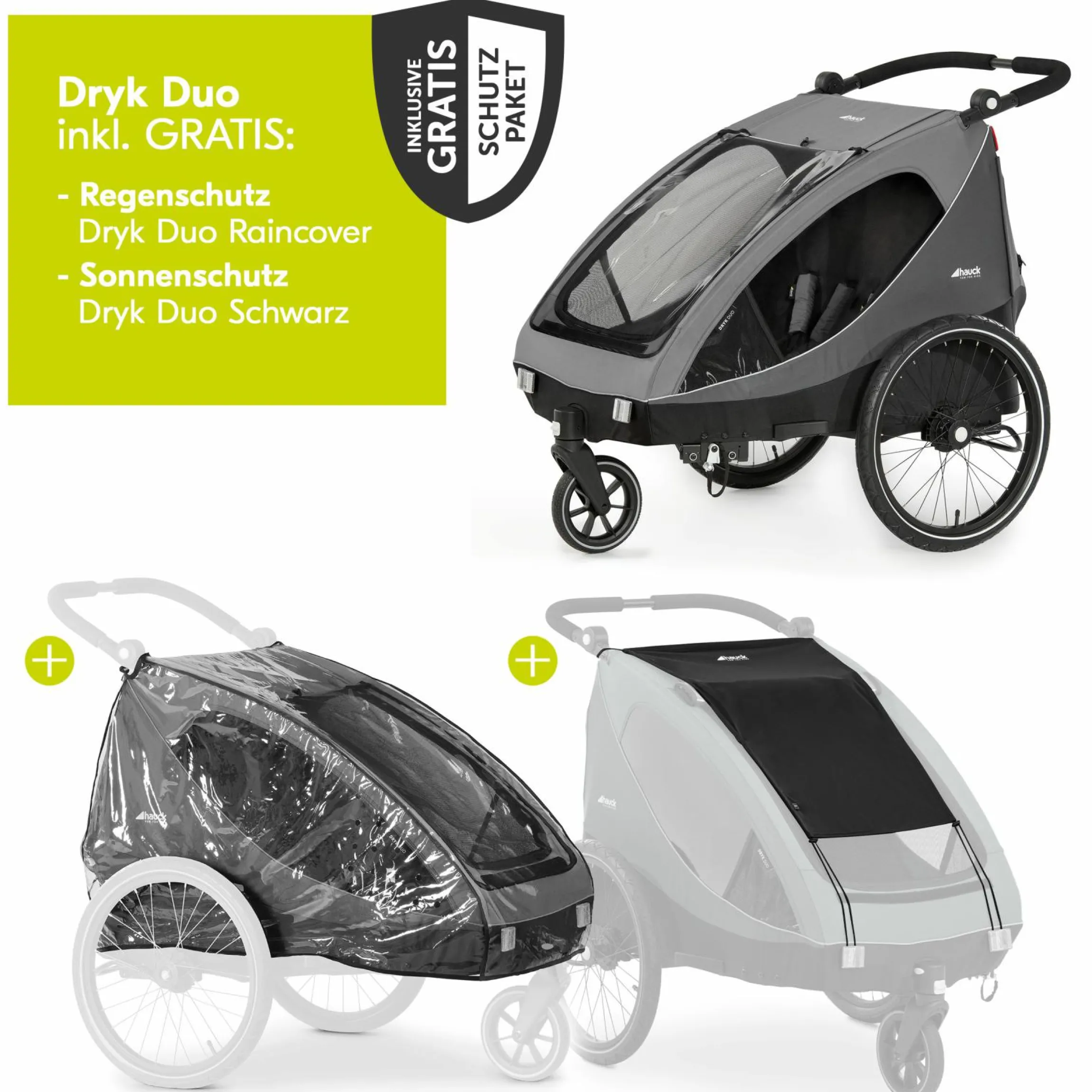 2in1 Fahrradanhänger Dryk Duo für 2 Kinder (bis 44 kg) - Bike Trailer & City Buggy - inkl. GRATIS Schutzpaket - Grey