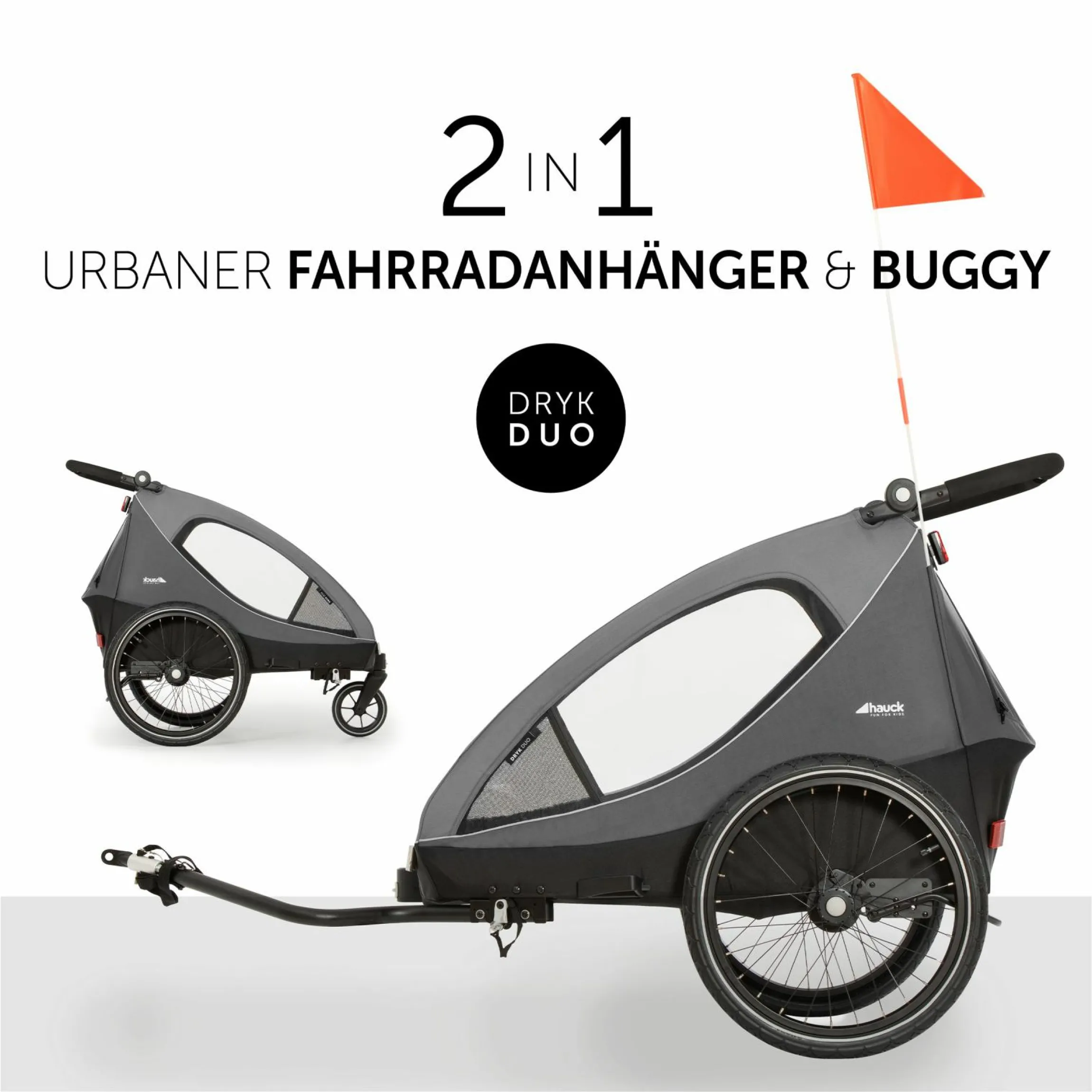 2in1 Fahrradanhänger Dryk Duo für 2 Kinder (bis 44 kg) - Bike Trailer & City Buggy - inkl. GRATIS Schutzpaket - Grey