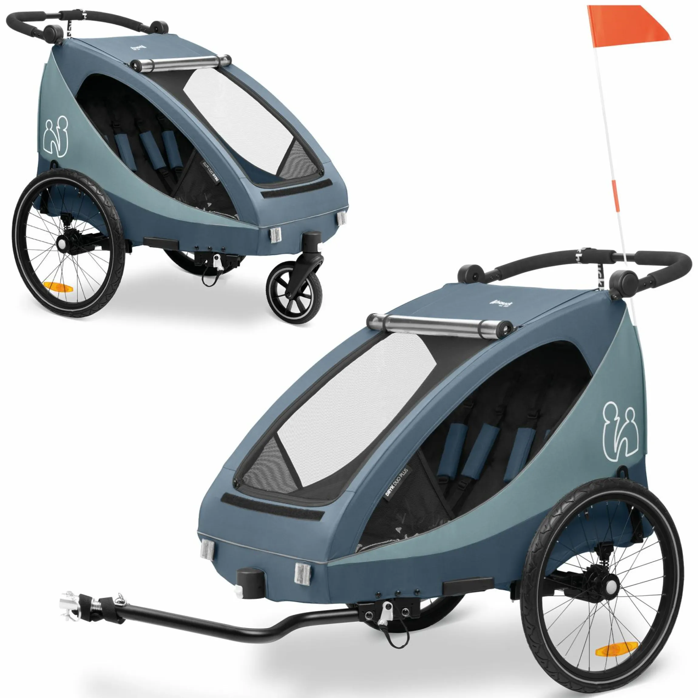 2in1 Fahrradanhänger Dryk Duo Plus für 2 Kinder (bis 44 kg) - Bike Trailer & City Buggy - Dark Blue