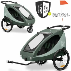 2in1 Fahrradanhänger Dryk Duo Plus für 2 Kinder (bis 44 kg) - Bike Trailer & City Buggy - inkl. GRATIS Schutzpaket - Dark Green