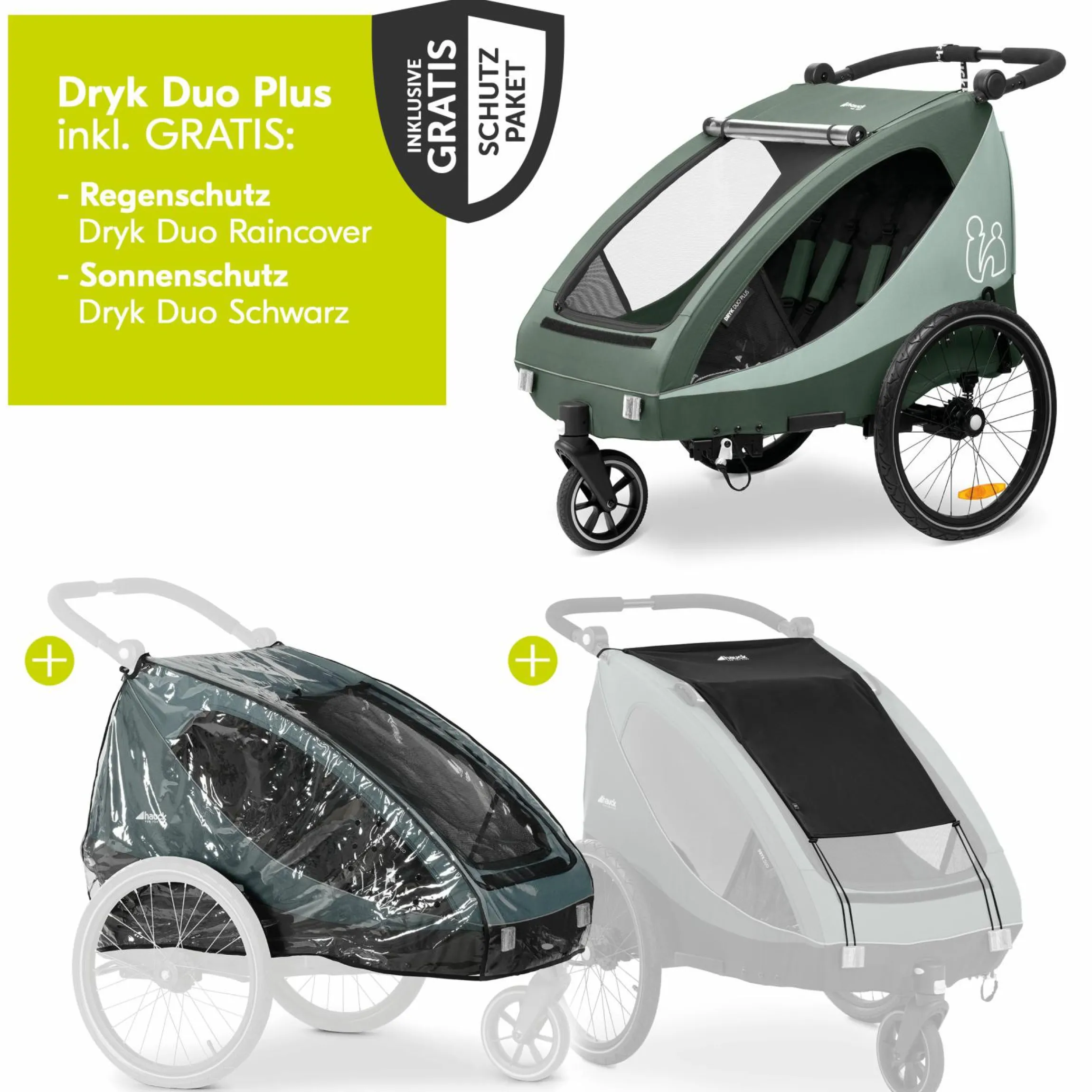 2in1 Fahrradanhänger Dryk Duo Plus für 2 Kinder (bis 44 kg) - Bike Trailer & City Buggy - inkl. GRATIS Schutzpaket - Dark Green
