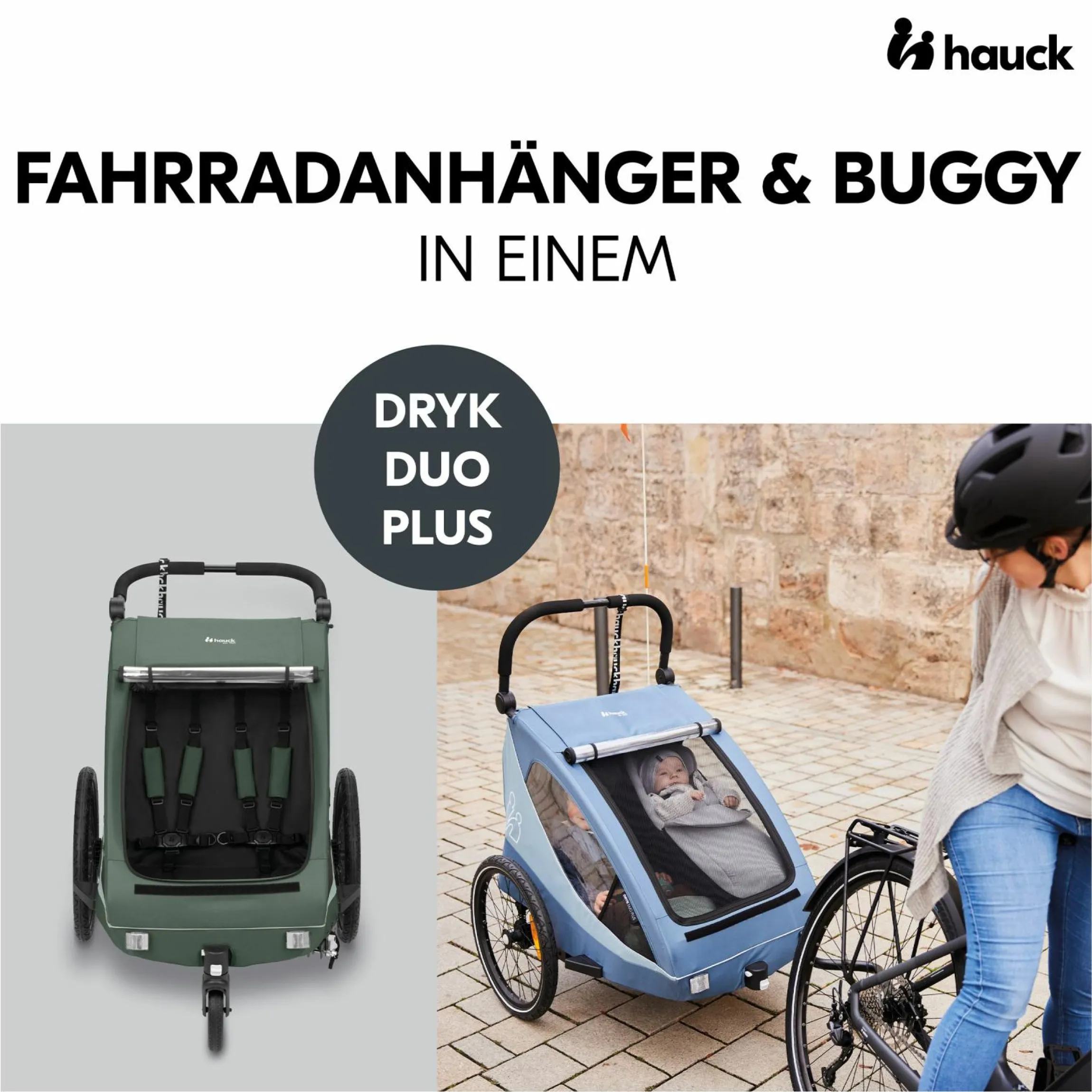 2in1 Fahrradanhänger Dryk Duo Plus für 2 Kinder (bis 44 kg) - Bike Trailer & City Buggy - inkl. GRATIS Schutzpaket - Dark Green