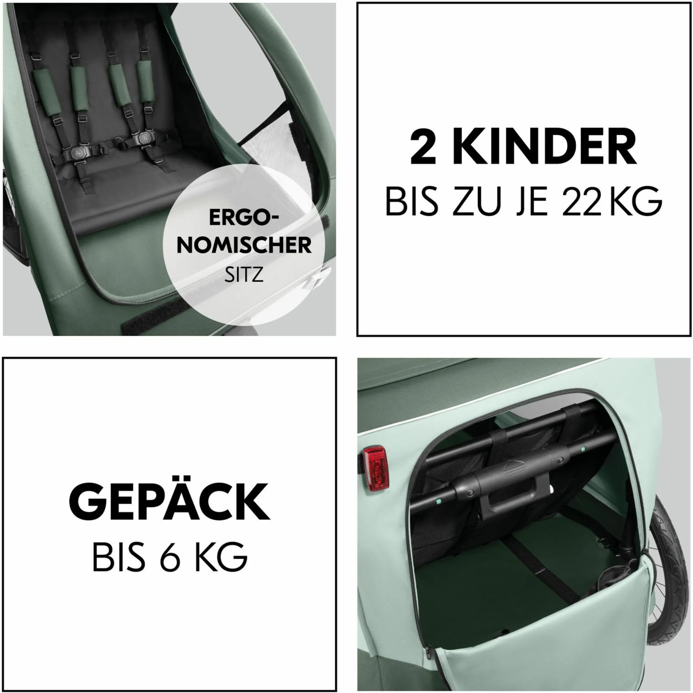 2in1 Fahrradanhänger Dryk Duo Plus für 2 Kinder (bis 44 kg) - Bike Trailer & City Buggy - inkl. GRATIS Schutzpaket - Dark Green