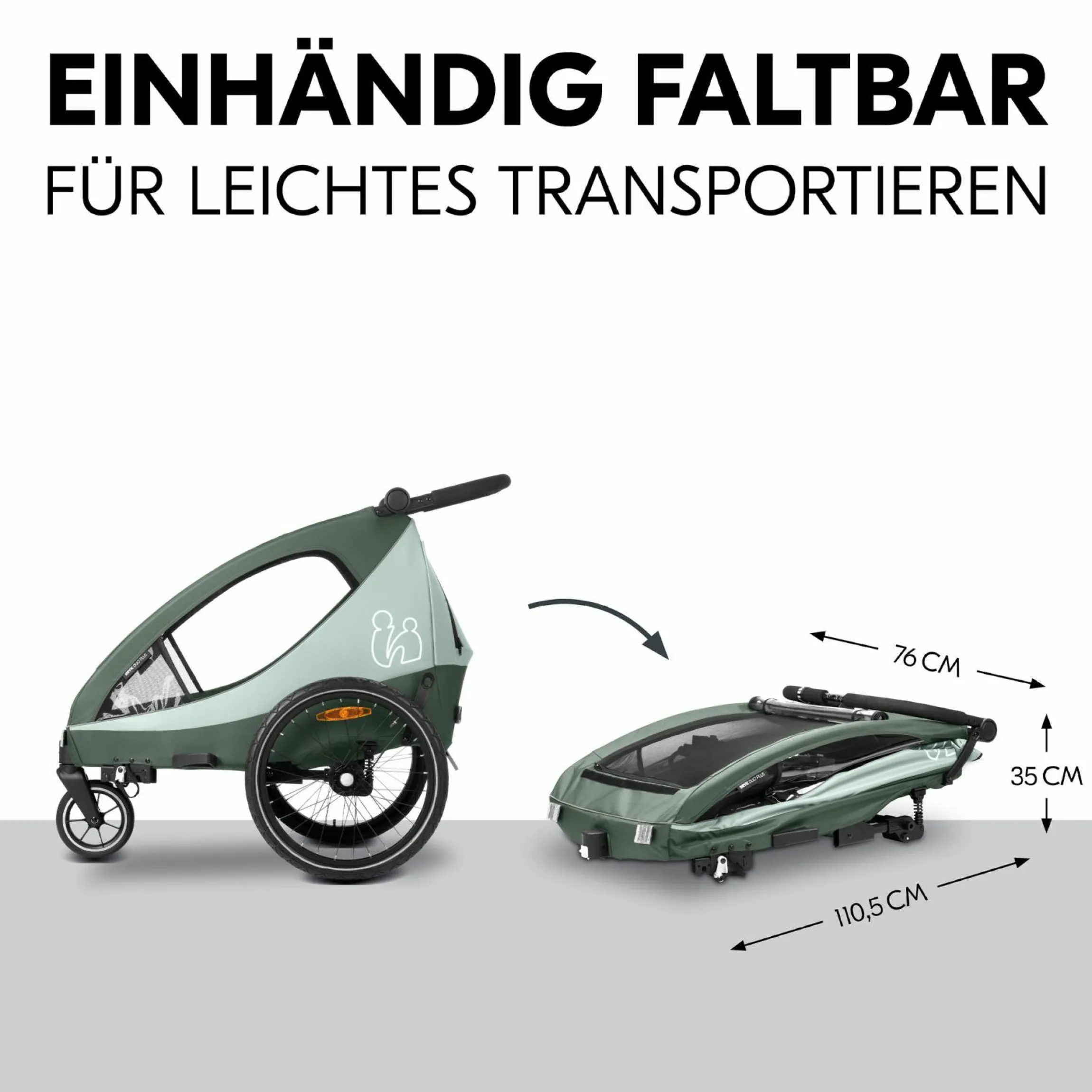 2in1 Fahrradanhänger Dryk Duo Plus für 2 Kinder (bis 44 kg) - Bike Trailer & City Buggy - inkl. GRATIS Schutzpaket - Dark Green