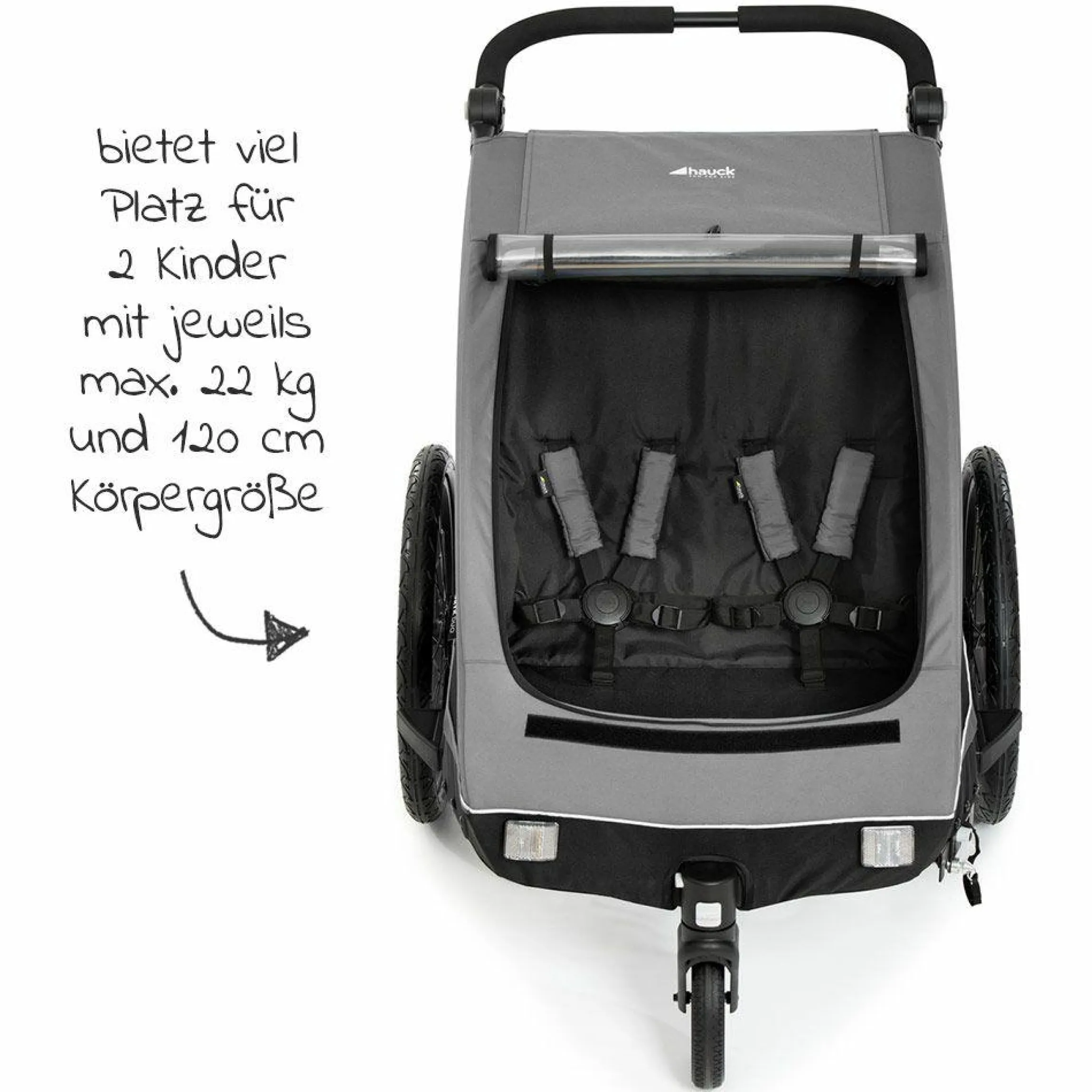 2in1 Fahrradanhänger Dryk Duo für 2 Kinder (bis 44 kg) - Bike Trailer & City Buggy - Grey