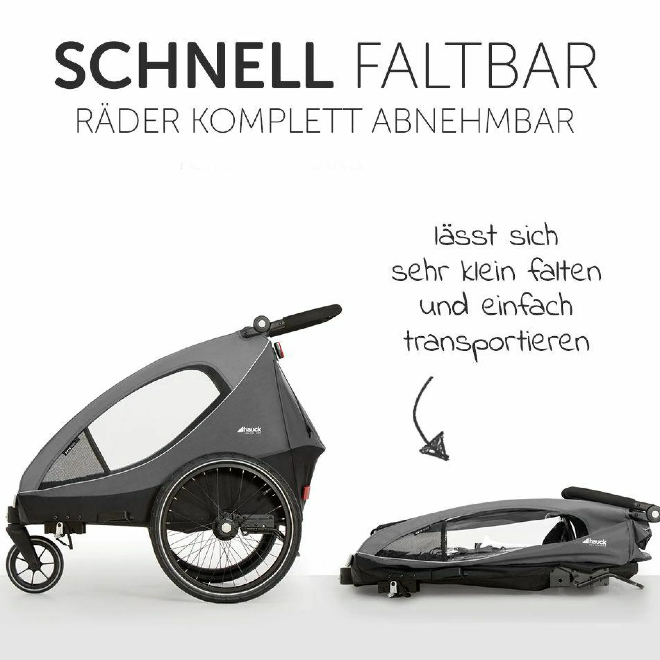 2in1 Fahrradanhänger Dryk Duo für 2 Kinder (bis 44 kg) - Bike Trailer & City Buggy - Grey