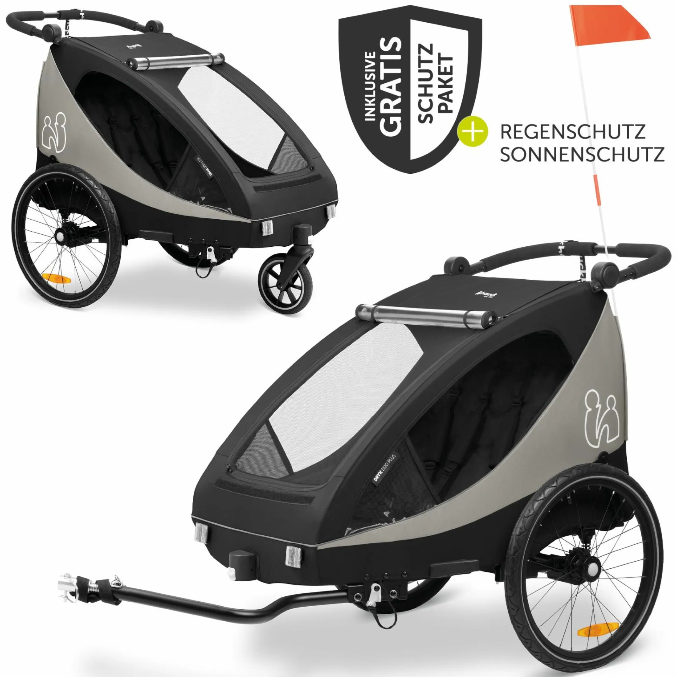 2in1 Fahrradanhänger Dryk Duo Plus für 2 Kinder (bis 44 kg) - Bike Trailer & City Buggy - inkl. GRATIS Schutzpaket - Black