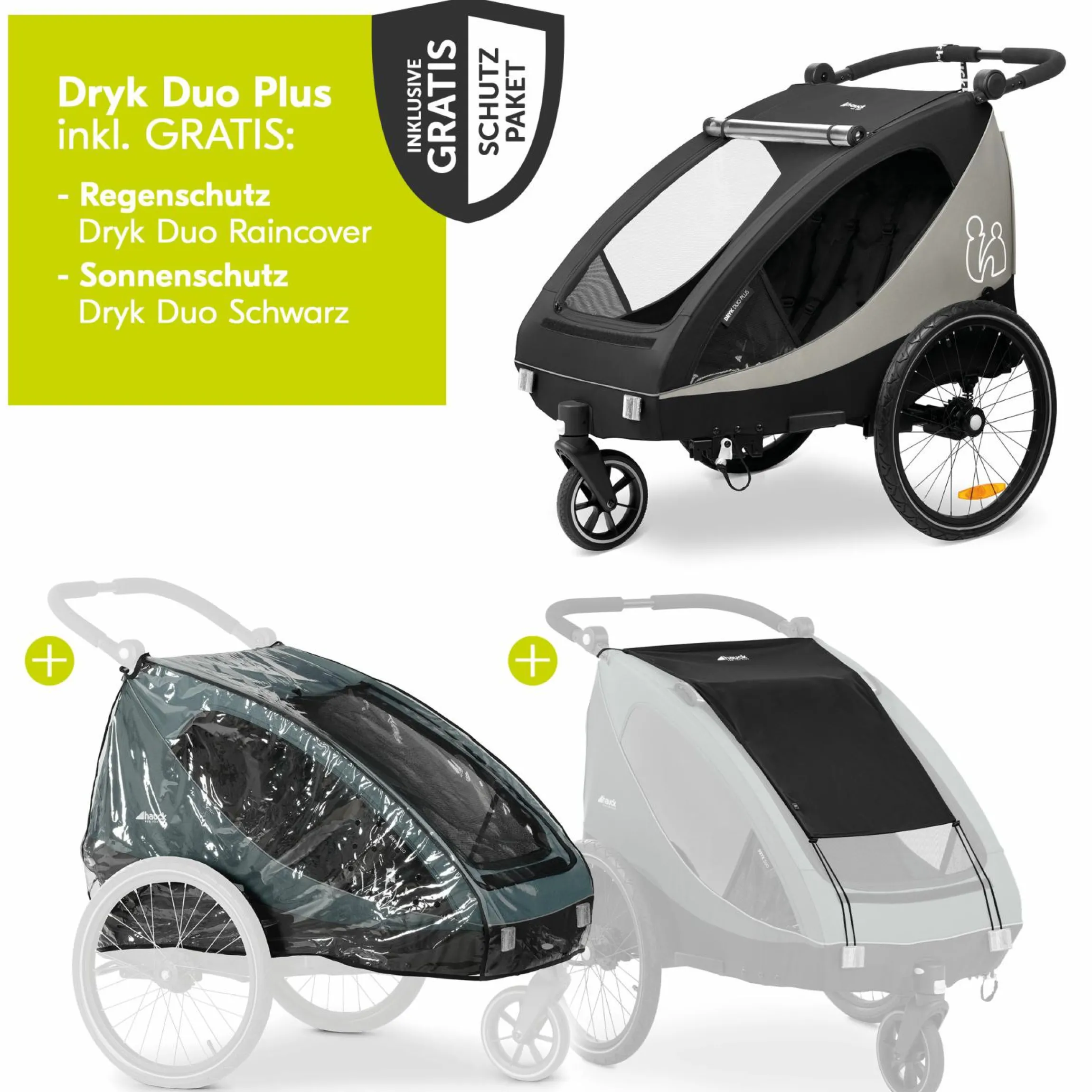 2in1 Fahrradanhänger Dryk Duo Plus für 2 Kinder (bis 44 kg) - Bike Trailer & City Buggy - inkl. GRATIS Schutzpaket - Black