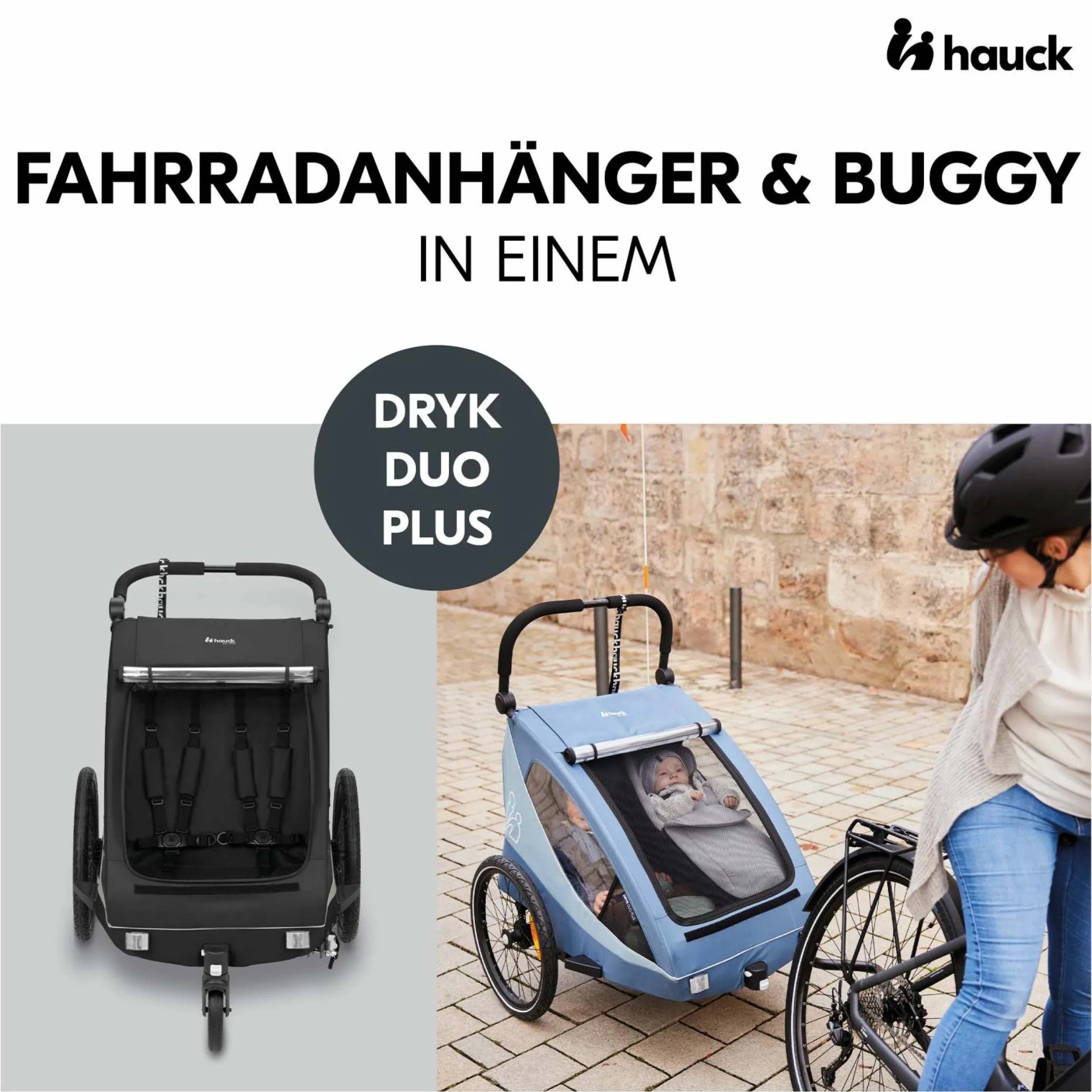 2in1 Fahrradanhänger Dryk Duo Plus für 2 Kinder (bis 44 kg) - Bike Trailer & City Buggy - inkl. GRATIS Schutzpaket - Black