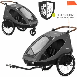 2in1 Fahrradanhänger Dryk Duo für 2 Kinder (bis 44 kg) - Bike Trailer & City Buggy - inkl. GRATIS Schutzpaket - Melange Grey