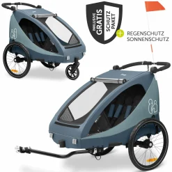 2in1 Fahrradanhänger Dryk Duo Plus für 2 Kinder (bis 44 kg) - Bike Trailer & City Buggy - inkl. GRATIS Schutzpaket - Dark Blue