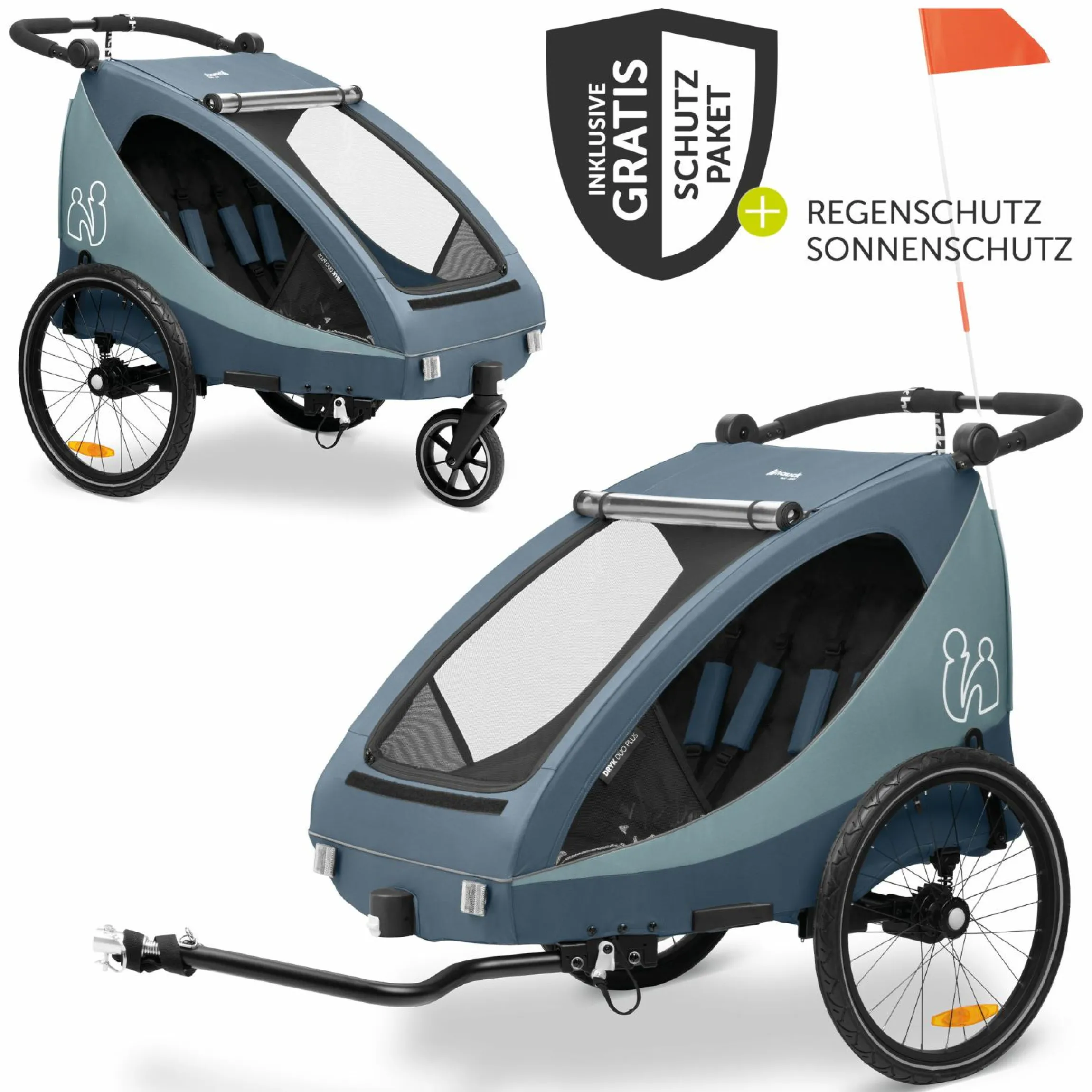 2in1 Fahrradanhänger Dryk Duo Plus für 2 Kinder (bis 44 kg) - Bike Trailer & City Buggy - inkl. GRATIS Schutzpaket - Dark Blue