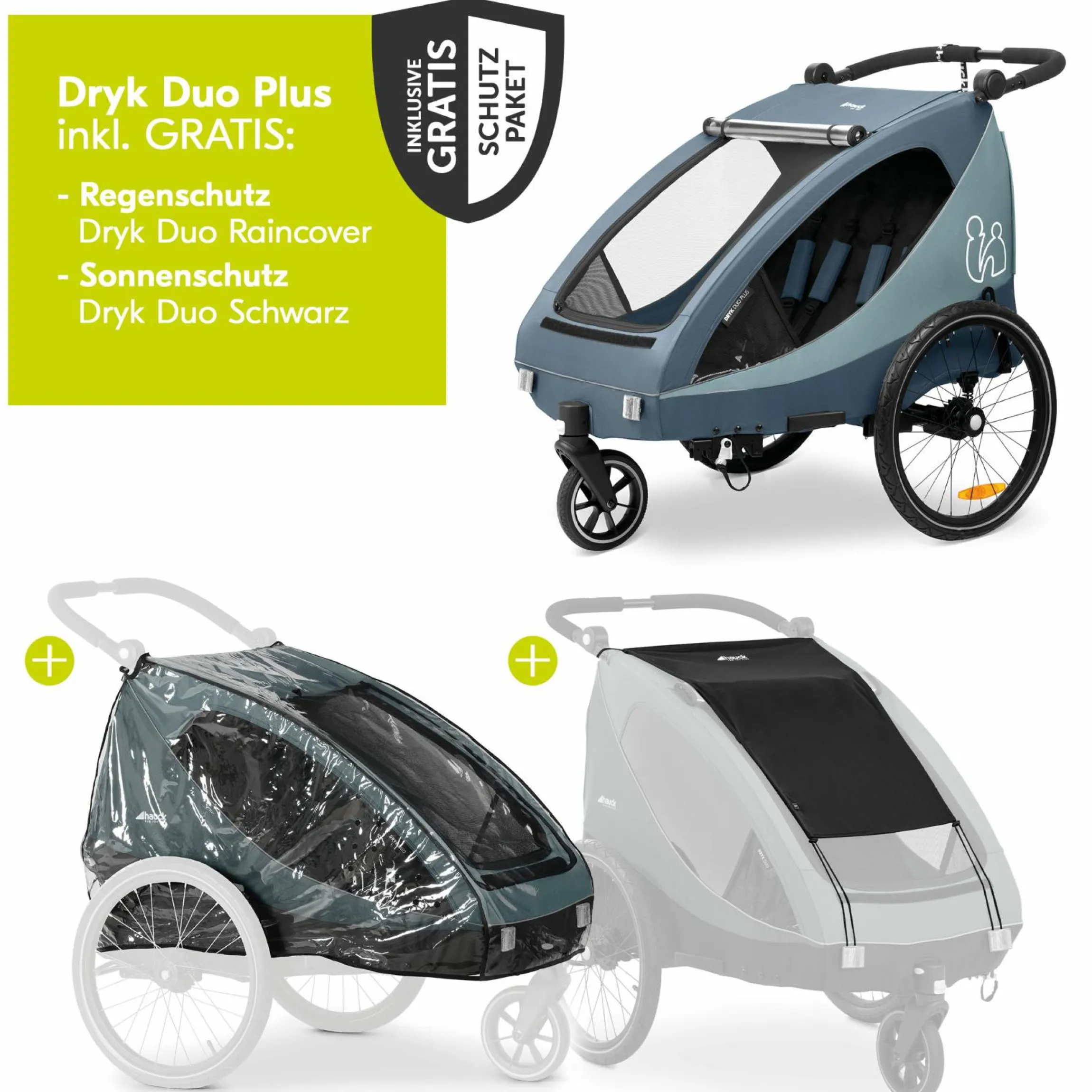 2in1 Fahrradanhänger Dryk Duo Plus für 2 Kinder (bis 44 kg) - Bike Trailer & City Buggy - inkl. GRATIS Schutzpaket - Dark Blue