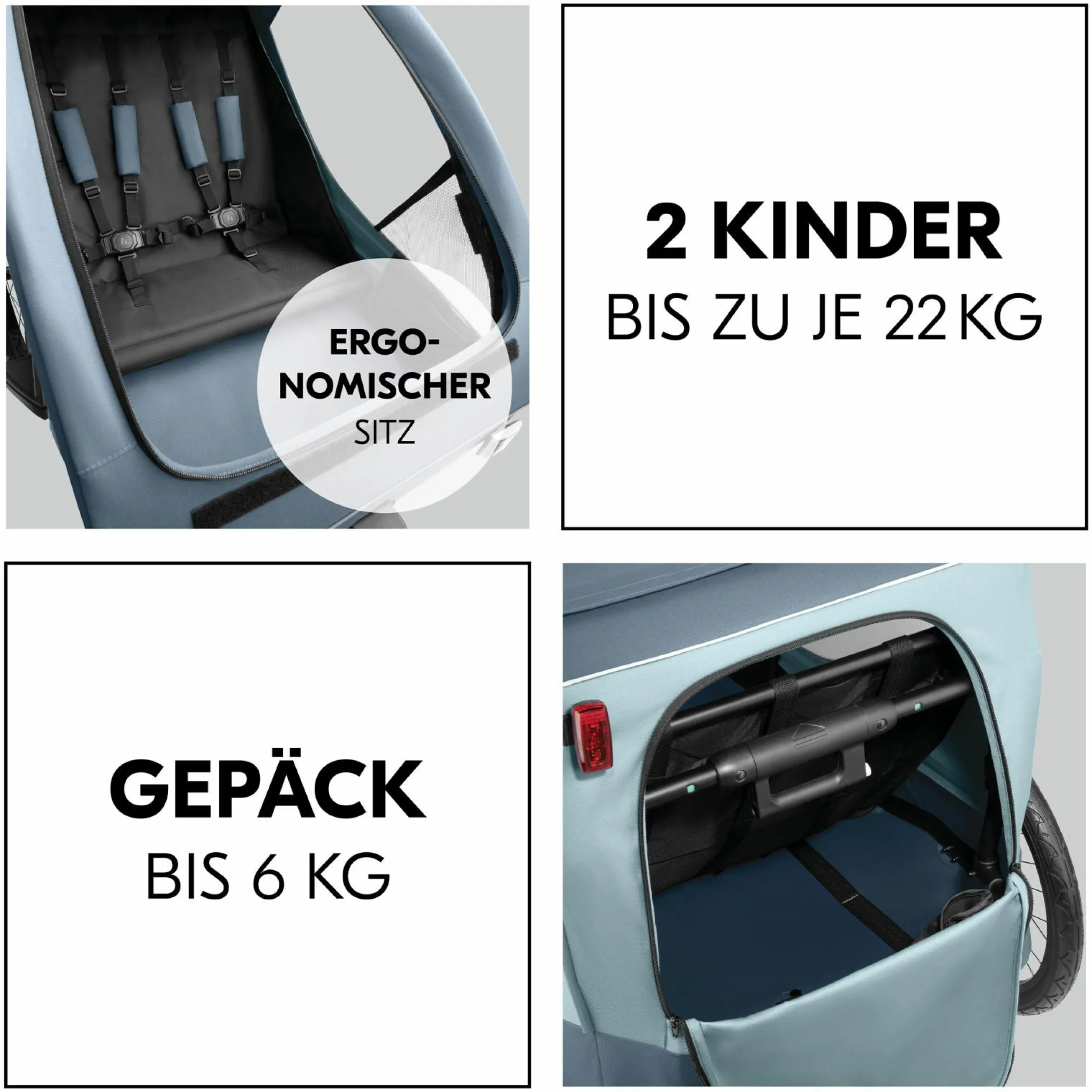 2in1 Fahrradanhänger Dryk Duo Plus für 2 Kinder (bis 44 kg) - Bike Trailer & City Buggy - inkl. GRATIS Schutzpaket - Dark Blue