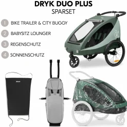 2in1 Fahrradanhänger Sparset Dryk Duo Plus - für 2 Kinder (bis 44 kg) - Bike Trailer & City Buggy - inkl. Babysitz Lounger & Schutzpaket - Dark Green
