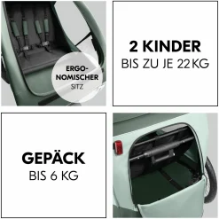 2in1 Fahrradanhänger Sparset Dryk Duo Plus - für 2 Kinder (bis 44 kg) - Bike Trailer & City Buggy - inkl. Babysitz Lounger & Schutzpaket - Dark Green