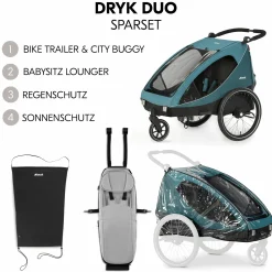 2in1 Fahrradanhänger Sparset Dryk Duo - für 2 Kinder (bis 44 kg) - Bike Trailer & City Buggy - inkl. Babysitz Lounger & Schutzpaket - Ocean Green