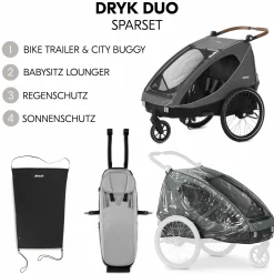 2in1 Fahrradanhänger Sparset Dryk Duo - für 2 Kinder (bis 44 kg) - Bike Trailer & City Buggy - inkl. Babysitz Lounger & Schutzpaket - Melange Grey