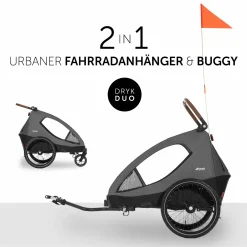 2in1 Fahrradanhänger Sparset Dryk Duo - für 2 Kinder (bis 44 kg) - Bike Trailer & City Buggy - inkl. Babysitz Lounger & Schutzpaket - Melange Grey