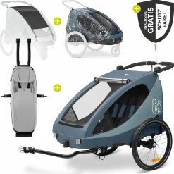 2in1 Fahrradanhänger Sparset Dryk Duo Plus - für 2 Kinder (bis 44 kg) - Bike Trailer & City Buggy - inkl. Babysitz Lounger & Schutzpaket - Dark Blue