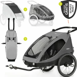 2in1 Fahrradanhänger Sparset Dryk Duo - für 2 Kinder (bis 44 kg) - Bike Trailer & City Buggy - inkl. Babysitz Lounger & Schutzpaket - Grey