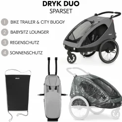 2in1 Fahrradanhänger Sparset Dryk Duo - für 2 Kinder (bis 44 kg) - Bike Trailer & City Buggy - inkl. Babysitz Lounger & Schutzpaket - Grey