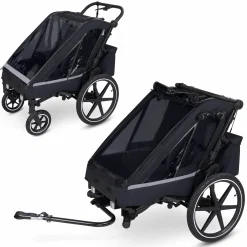 3in1 Fahrradanhänger und Kinderwagen Tour für 2 Kinder mit Bremssystem, Komfortsitze, Verdeck mit Moskitonetz, Regenschutz & Sonnenschutz (bis 49 kg) - Ink - Kollektion 2025