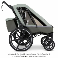 3in1 Fahrradanhänger und Kinderwagen Tour für 2 Kinder mit Bremssystem, Komfortsitze, Verdeck mit Moskitonetz, Regenschutz & Sonnenschutz (bis 49 kg) - Olive - Kollektion 2025