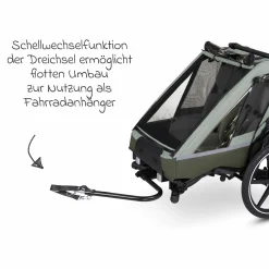 3in1 Fahrradanhänger und Kinderwagen Tour für 2 Kinder mit Bremssystem, Komfortsitze, Verdeck mit Moskitonetz, Regenschutz & Sonnenschutz (bis 49 kg) - Olive - Kollektion 2025