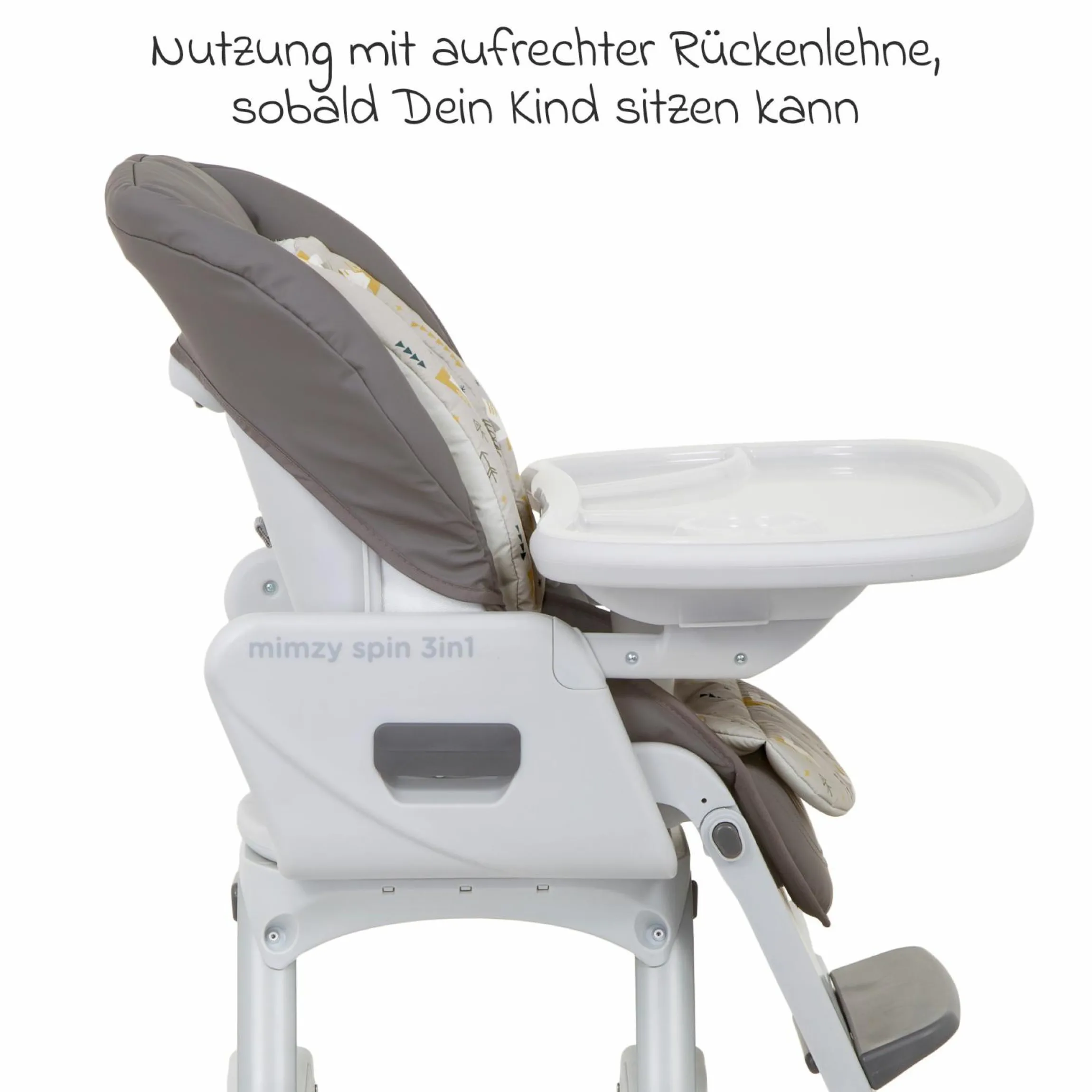 3in1 Hochstuhl Mimzy Spin 3in1 ab Geburt nutzbar mit 360° drehbarem Sitz, flache Liegeposition, Tablett und Snacktablett - Geometric Mountain - Kollektion 2025